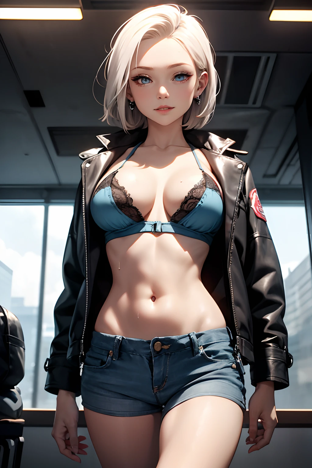 1girl in, Solo, Android 18, Silver blonde hair, Blue eyes, Short hair, Jewelry, earrings, Smile, Jacket, Looking to the side, denim, Denim jacket, Upper body, lingerie, Closed mouth, cloud, skyporn, day, Looking away, Blue sky, 鎖骨, Leather Mini Skirt、Amitants、very Bigger breasts, Grasp your breasts with both hands,Spread your legs apart, sexually arousing, Sex Expressions,, busty figure, fleshy feeling, Sweat profusely, perfect detail, High-resolution fine textures, depth of field effect, Vivid lighting effects, lightand shade contrast, Ray tracing and flare effects, Best texture, A futuristic, Genre painting、