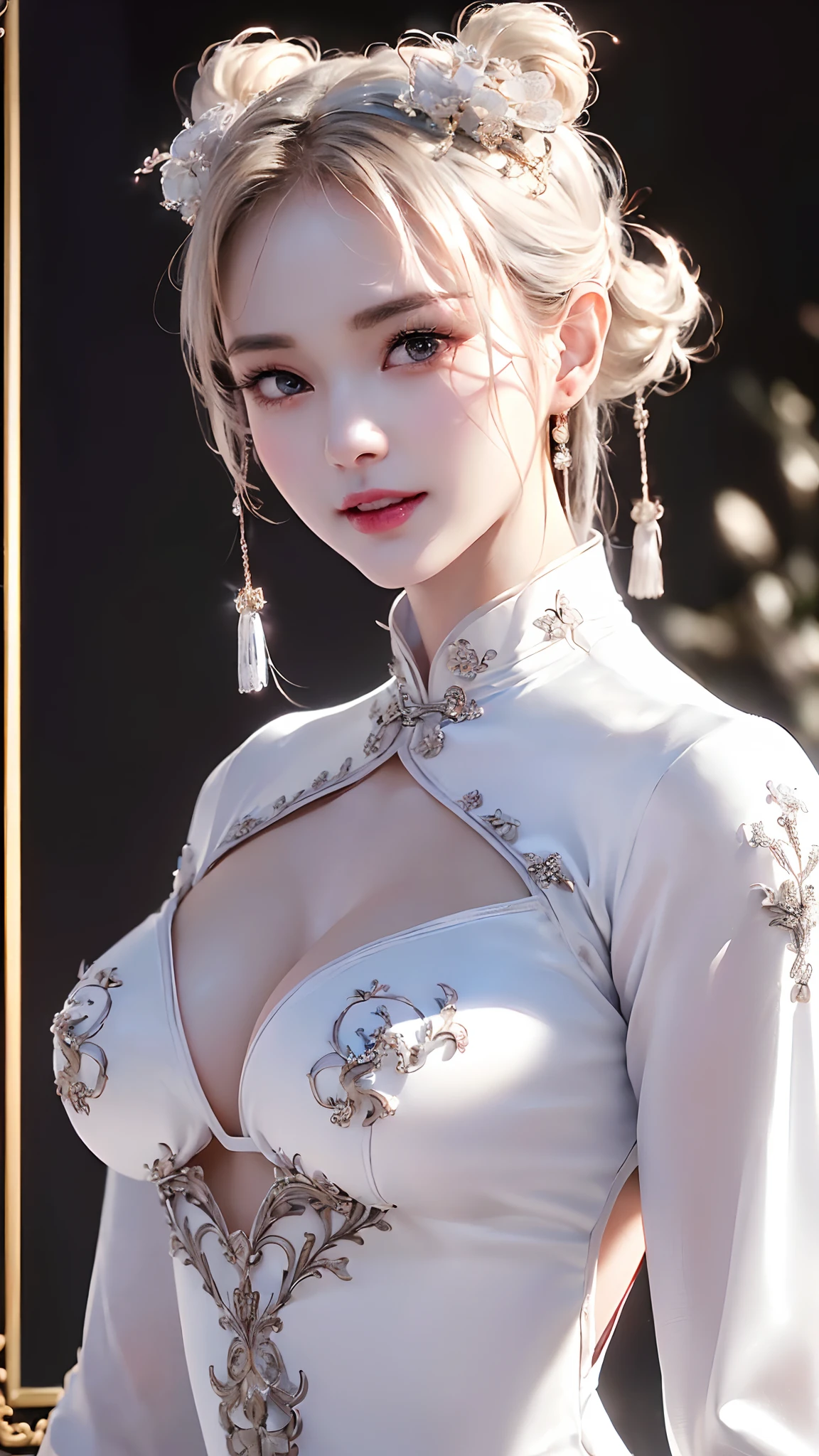 ((Best Quality, 8K, Masterpiece: 1.3)), cowboy shot, extremely Cute Beautiful Woman, 1 Girl, (Beautiful Breasts:1.3), (Abs, Slender Figure: 1.1), Sharp Focus, (((Intricate Details)), High Detail, Upper Body, One Girl, Black twin-buns Hair with bangs, chinese kanzashi, (white luxury satin cleavage cut-out evening Chinese dress:1.5), lace, detailed evening dress, 8K, 8K Resolution, clean detailed face, Detailed Body, Detailed Clothes, Sharp Images, hyper-sharp image, Japan Anime Concept Art, trending on Artstation, ((looking the viewer, facing the viewer, staring the viewer:1.3)), seductive sexy pose, ((seductive smile, light smile:1.25)), pink lipstick, bokeh, field of depth, 8.5 life size, 8k resolution, (shot on EOS 5D Mark IV, 35mm lens, f1.8), (ancient Chinese Street Background, no-human simple background, detailed background), ((frame the head:1.3), detailed human hands, perfect human hands, perfect anatomy, perfect proportion, perfect rounded huge breast, showing deep large cleavage, ultra-sharp focus,