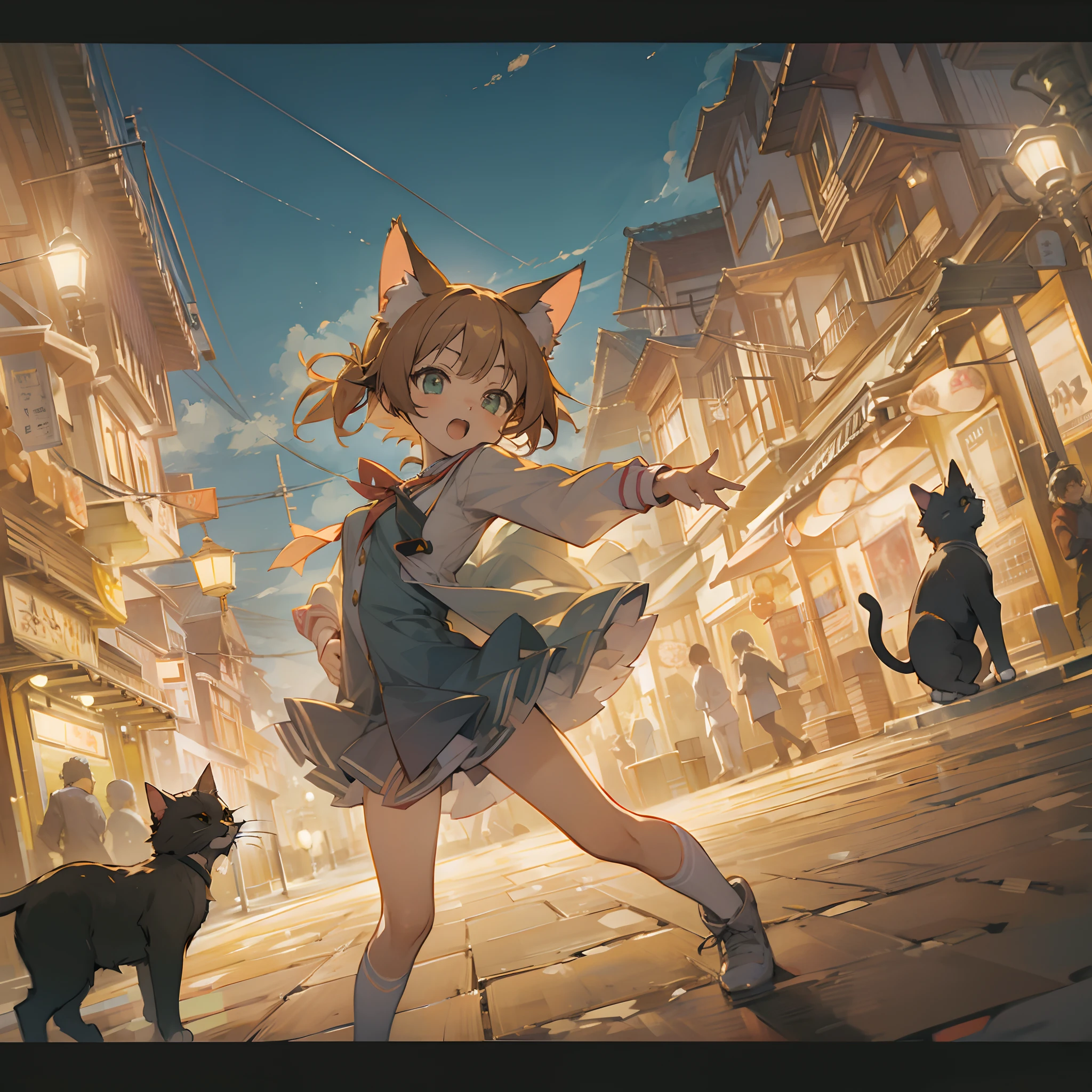 Japanimation, eroge, cat ear girl, 16k, absurd resolution, absurd detailed, (((masterpiece))), town, cinematic composition, delicate composition, dynamic angle