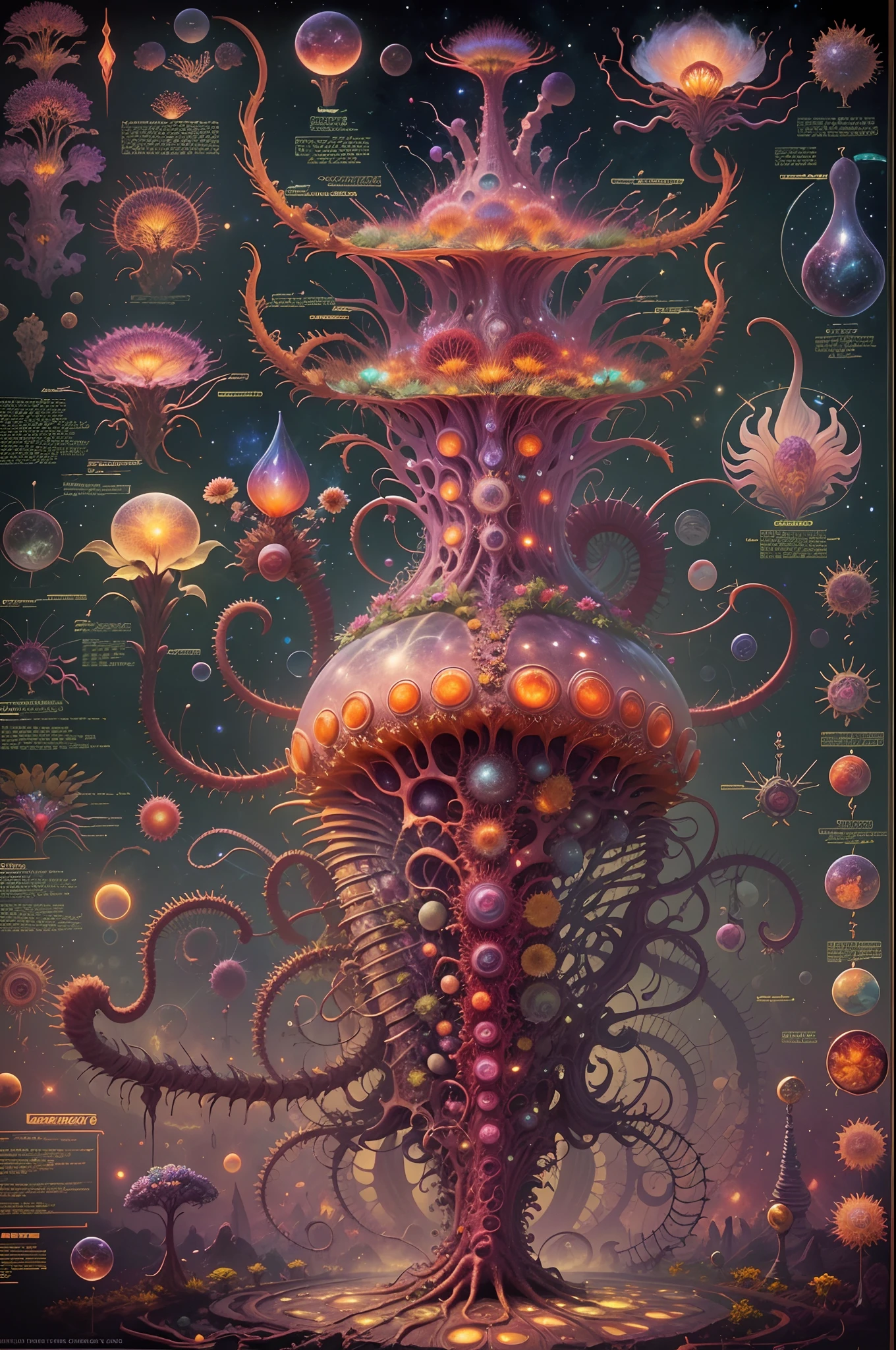 Fantasy00d Technical Diagram, Info graphic, Charts, of A Cosmic Anatomical Carnivorous Plant, Info Graphic, Scientific, Data Diagram, Nervous System, Galaxy, Vibrant Colors, Midnight Aura, Ultra Detailed, H.R. Giger, Max Ernst, Thomas Kinkade, Robert Gonsalves, dark background, flowervirus
