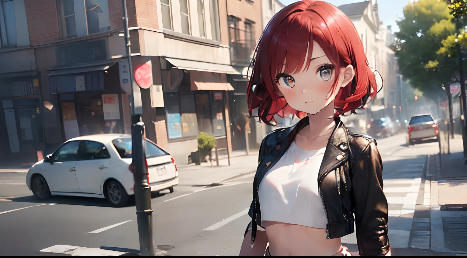 Masterpiece, high resolution, extremely detailed, realistic, 1girl, (((short red hair, brilliant beautiful bright eyes, extremely cute face, round face, big eyes, short, small body, very young, small waist, slender, lovestruck, blushing))), ((white crop top, black leather jacket, short black skirt)), (walking towards viewer, looking at viewer, staring), sunny weather