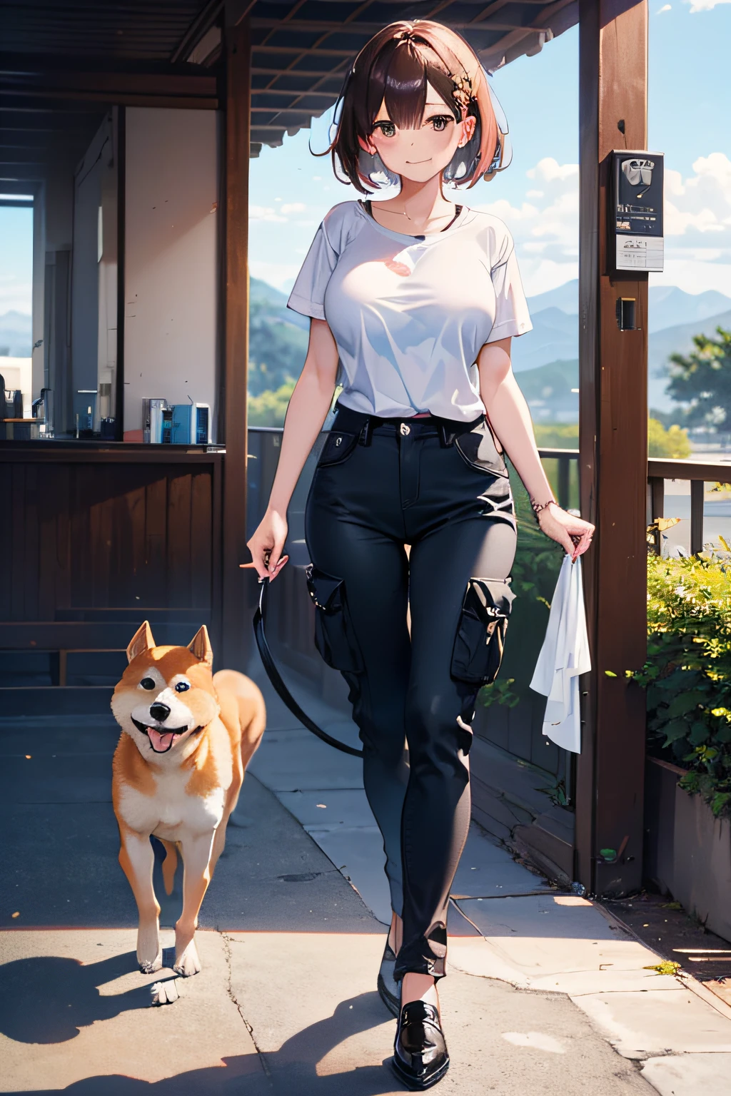 (Girl taking a walk with a puppy:1.3),(Shiba dog:1.3),Have a lead,Crystal clear water flows,beautiful mountain in background々,Very Big White T-Shirt,Cargo pants, gently smiling、(beautiful a girl)、(short hair of red-brown color、hair pin、poneyTail、Floating hair、)Colossal tits、A smile that beguiles the viewer、Look into the photographer、skin glistening with sweat、gazing at viewer,pointed red mouth,Perfect round face,,Proper body proportion,Intricate details,Very delicate and beautiful hair,photos realistic,Dreamy,Professional Lighting,realistic shadow,Beautiful hands,Beautiful fingers,Detailed finger features,Detailed arm functions,detailed clothes features,Detailed hair features,detailed facial features,(masutepiece,top-quality,Ultra-high resolution output image,) ,(The 8k quality,),(Image Mode Ultra HD,)