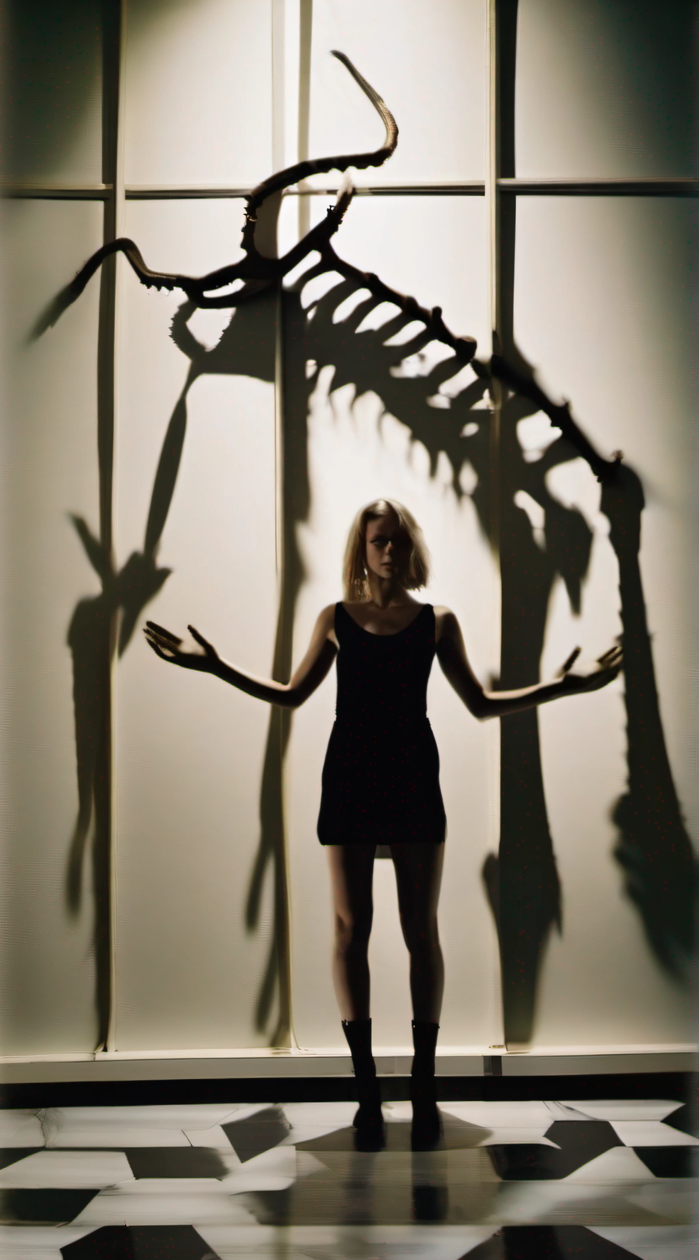 "(The best lighting, alto contraste, oscuro, dramatic),(Chica rubia junto a una cabra negra gigante, Open the rib cage, feto, autopsia, huesos humanos, sangre por las paredes). Luz Caravaggio"
