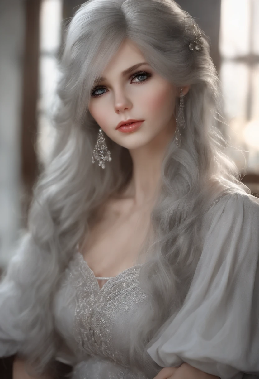 (Realistic painting style:0.9), masutepiece, Best Quality,  absurderes, Looking at Viewer, Solo, (Gray Babydoll:1.5),  bronya zaychik, Red pupils, Large breasts, Long hair, Grey Hair, Bangs, grey  eyes, earrings, Drill Hair, hair between eye, Hair Ornament, (babydoll:1.3), See-through, bed, deadpan