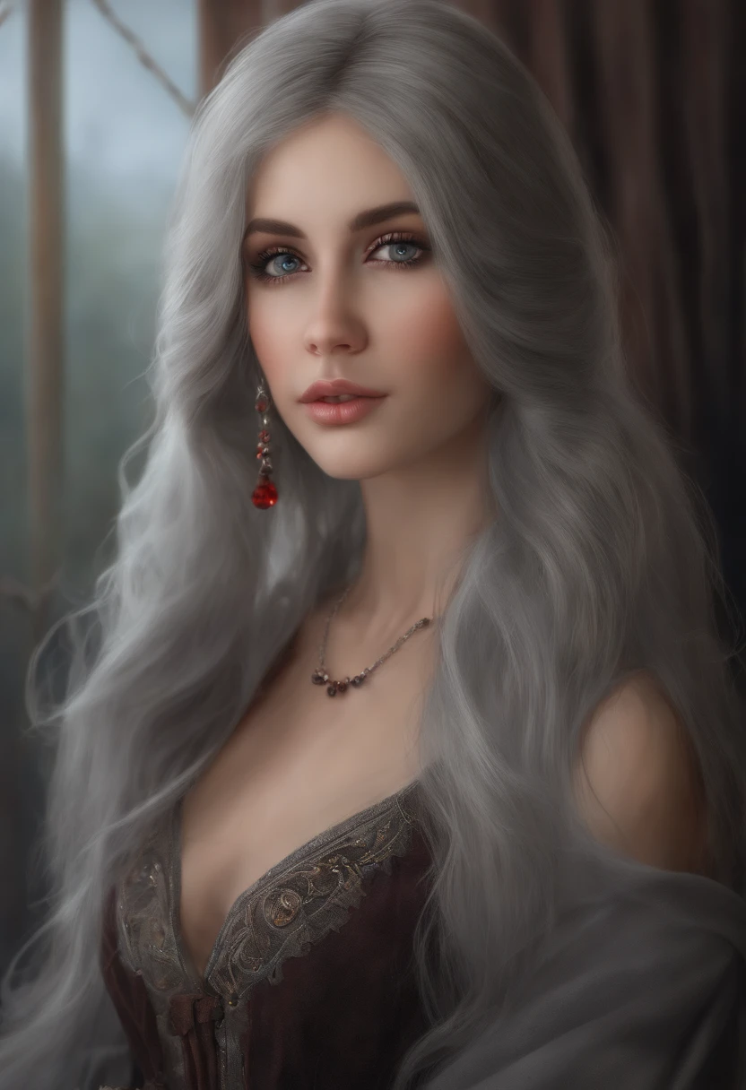 (Realistic painting style:0.9), masutepiece, Best Quality, absurderes, Looking at Viewer, Solo, (Gray Babydoll:1.5), bronya zaychik, Red pupils, Large breasts, Long hair, Grey Hair, Bangs, grey eyes, earrings, Drill Hair, hair between eye, Hair Ornament, (babydoll:1.3), See-through, bed, deadpan