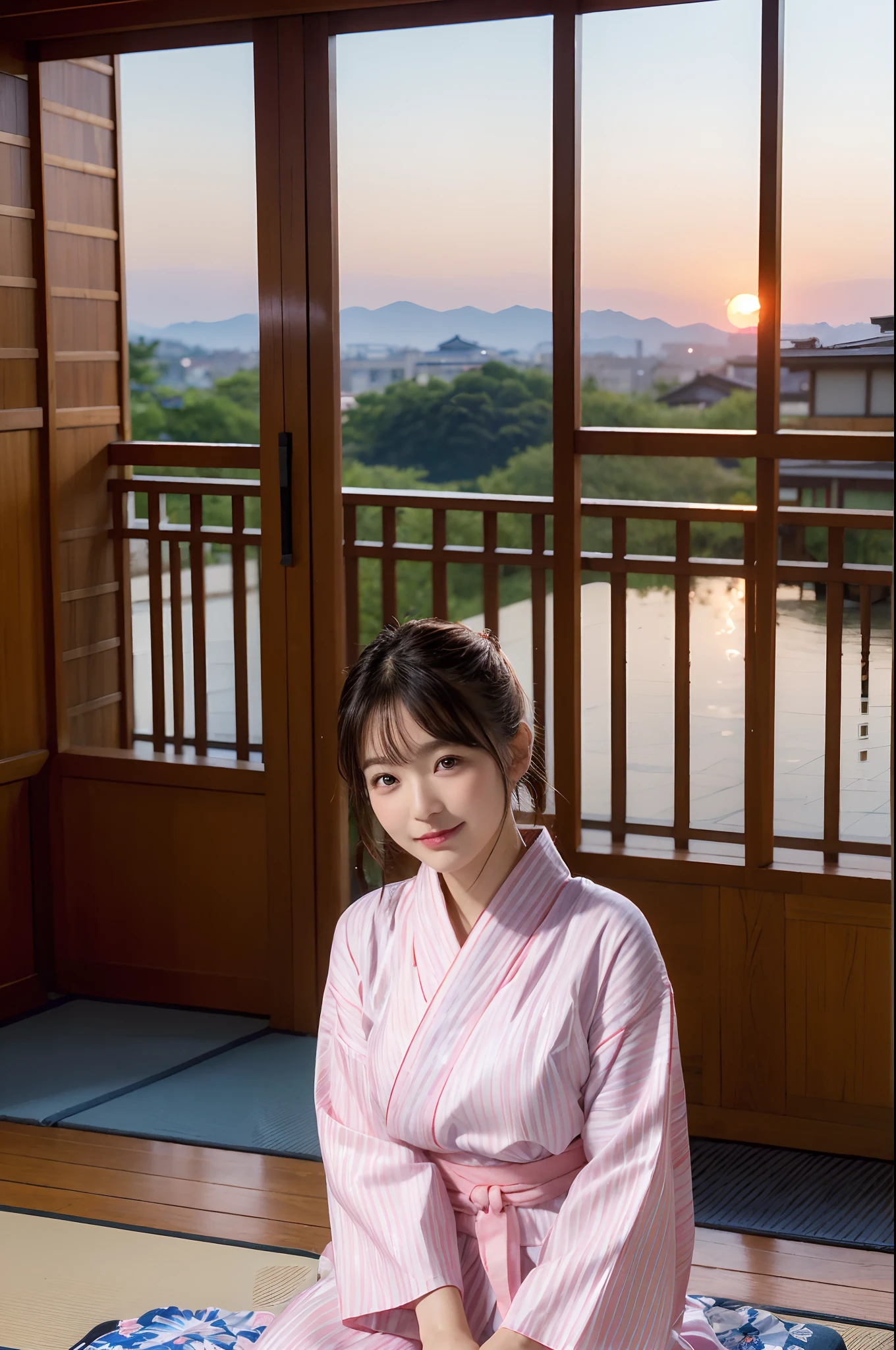 (natta:1.7), East Asian Architecture, 1womanl,Sitting on tatami mats, brunette color hair,(hair between eye), Lip flap, ,Beautiful fingers,Beautiful long legs,Beauty Body,Cute nose,Beautiful character design,perfect eyes,face perfect,looking at viewert,(Innocent_Big_Eyes:1.0),(light_Smile:0.3),offcial art,Very detailed CG Unity 8K wallpaper,Perfect litthing,highly colorful,Bright_front_Face_Lighting,(tmasterpiece:1.0),(best_quality:1.0), 超A high resolution,4K,ultra - detailed, photography of, 8K, nffsw, hight resolution, absurderes:1.2, Kodak Portra 400, film grains, the background is blurred, Bokeh:1.2, Lens Flare Glow, ( Vibrant_Color:1.2) (Beautiful,Large_breasts:1.4), (Beautiful_Face:1.5),(narrow_waist-up),8K,Raw photo, 、Relax at a ryokan in Japan、The background is the open-air bath at night at a hot spring inn (Girls are not subjects:1.3) (Hair after a bath:1.3),(Hair is wet:1.3) ((Girls are not subjects:1.2))((Draw a wide night background:1.2),((Yukata with light blue stripes isolated on white background:1.3)),(Yukata does not need gloss at all:1.5)),((No need for a Korean yukata or Korean-style hairstyle.:1.5)),((Faithfully and realistically reproduce a pure Japan yukata:1.5))((Light Pink Band:1.3)),((The background is the entrance living room、At night, Overlooking the inn's large and beautiful gardens..:1.3)),((8th class))、((Light Pink Band:1.5)) ((Beautiful shiny straight short long:1.5)) sixteen years old、((Beautiful shiny straight short long:1.5))((Pink Band))、((The color of the band is pink:1.3),(Faithfully and realistically reproduce the obi of a yukata:1.3) ((Faithfully and realistically reproduce a pure Japan yukata:1.5)),((Walking through the corridors of the inn at night:1.3))a sense of depth、Night Hostel There are small lights and flowers in the hallway. (When you open a window, You can see a beautiful sunset outside.:1.3) sixteen years old、((Beautiful shiny straight short long:1.5))