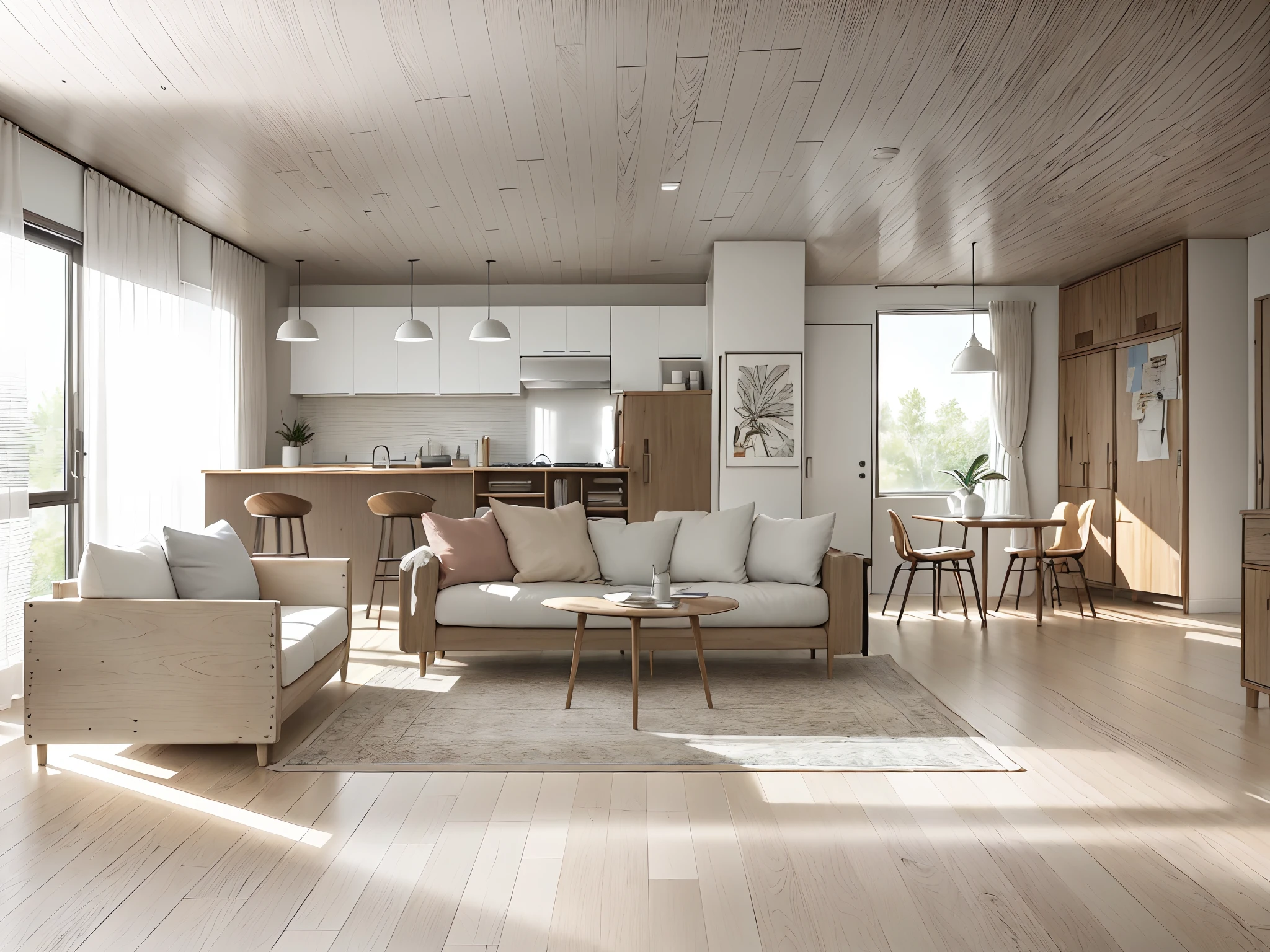Beautiful modern living room sketch(((a foster and partners、artists impression、Hamish McDonald's、Carrie Morris、David Brewster、More detailed illustration by Helen Berman、illustratio、A detailed illustration、Nick Fudge、Warren Mahy、artists impression)))、Red kitchen cabinet behind white sofa、Minimal photos on the wall、 linen curtains next to classroom window、coffee table、Modern wood、Ceiling with magnetic radiant light、White Cloth PRB Texture、wood floor PRB texture、shop、There are customers、