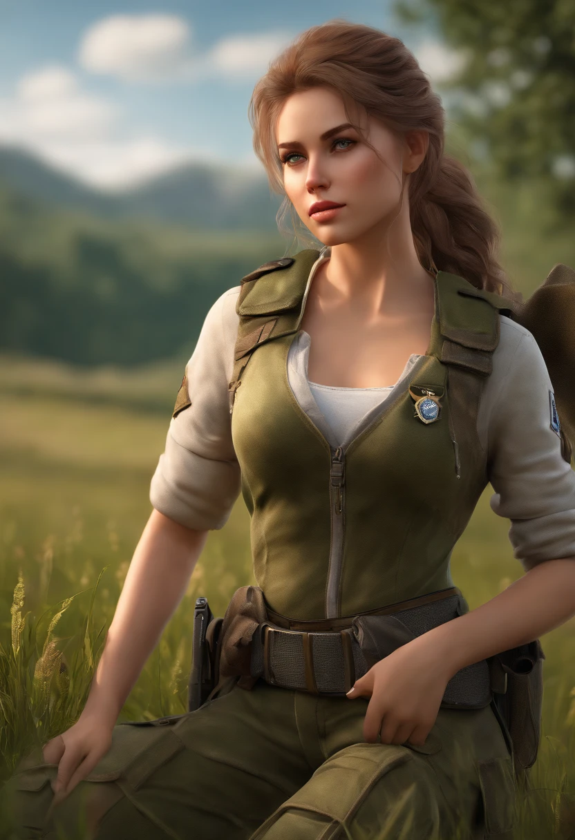 Highly detailed CG Unity 8k wallpaper, of the highest quality, super detailed, master piece, Realistic, Photorealistic, extremely detailed cute girl, 25 years old,
(Tactical clothing), (military outfits), grass field ,blush, Round eyes, medium breasts, ,viewer, Cowboy Shot,