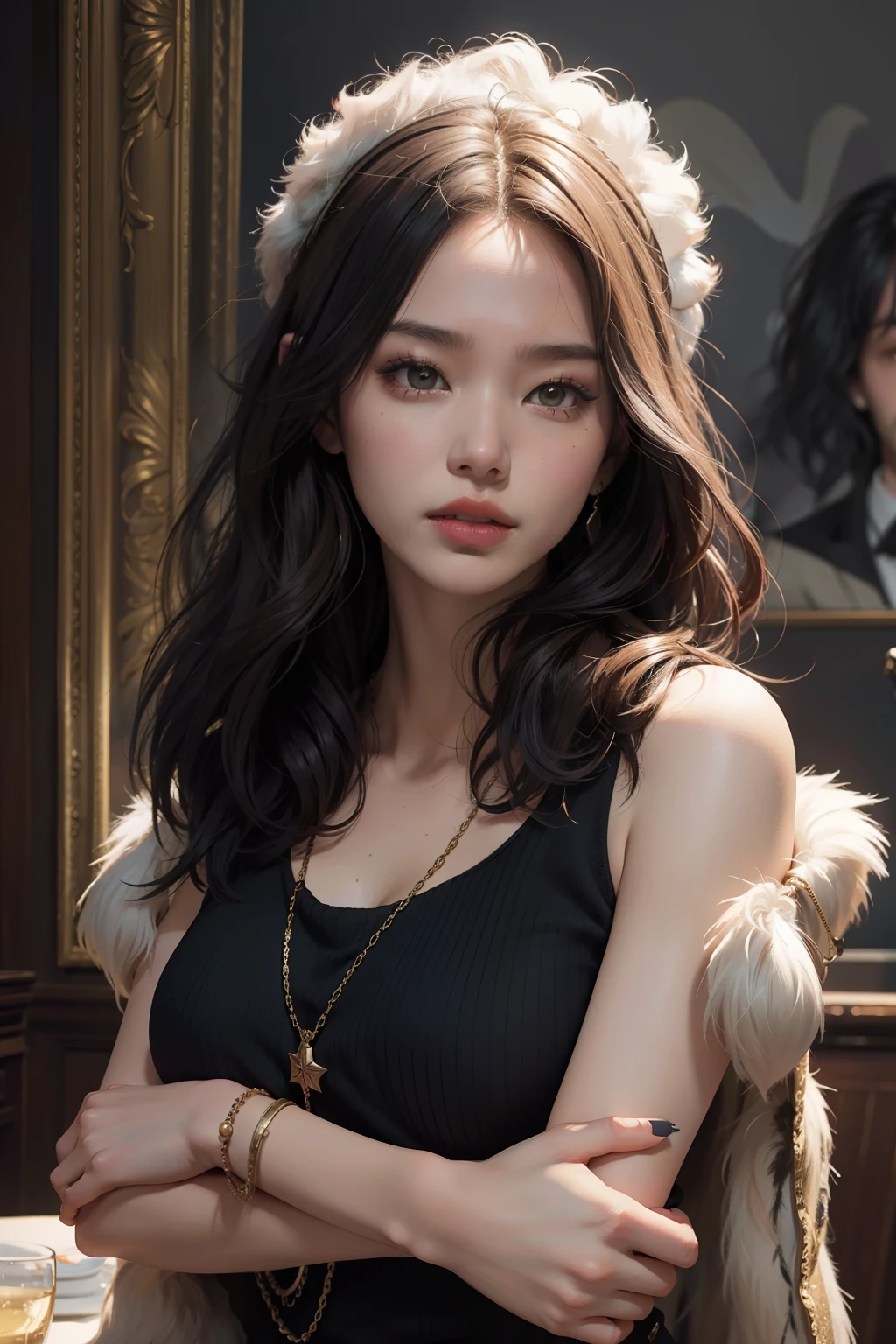 1fille, Taille vers le haut, illustration par Ian Davenport,illustration par Cecily Brown,  Art conceptuel, Portrait of a Moody [Shu Qi:Jennifer Lawrence:5], wearing an eclectic Fur Fringe top, Ruff, bracelet de cheville, Makeup, douillet, Loop lighting, 80 mm, Art officiel, Unity 8k wallpaper, Ultra detailded, aesthetics, Masterpiece, Best quality, photoreallistic