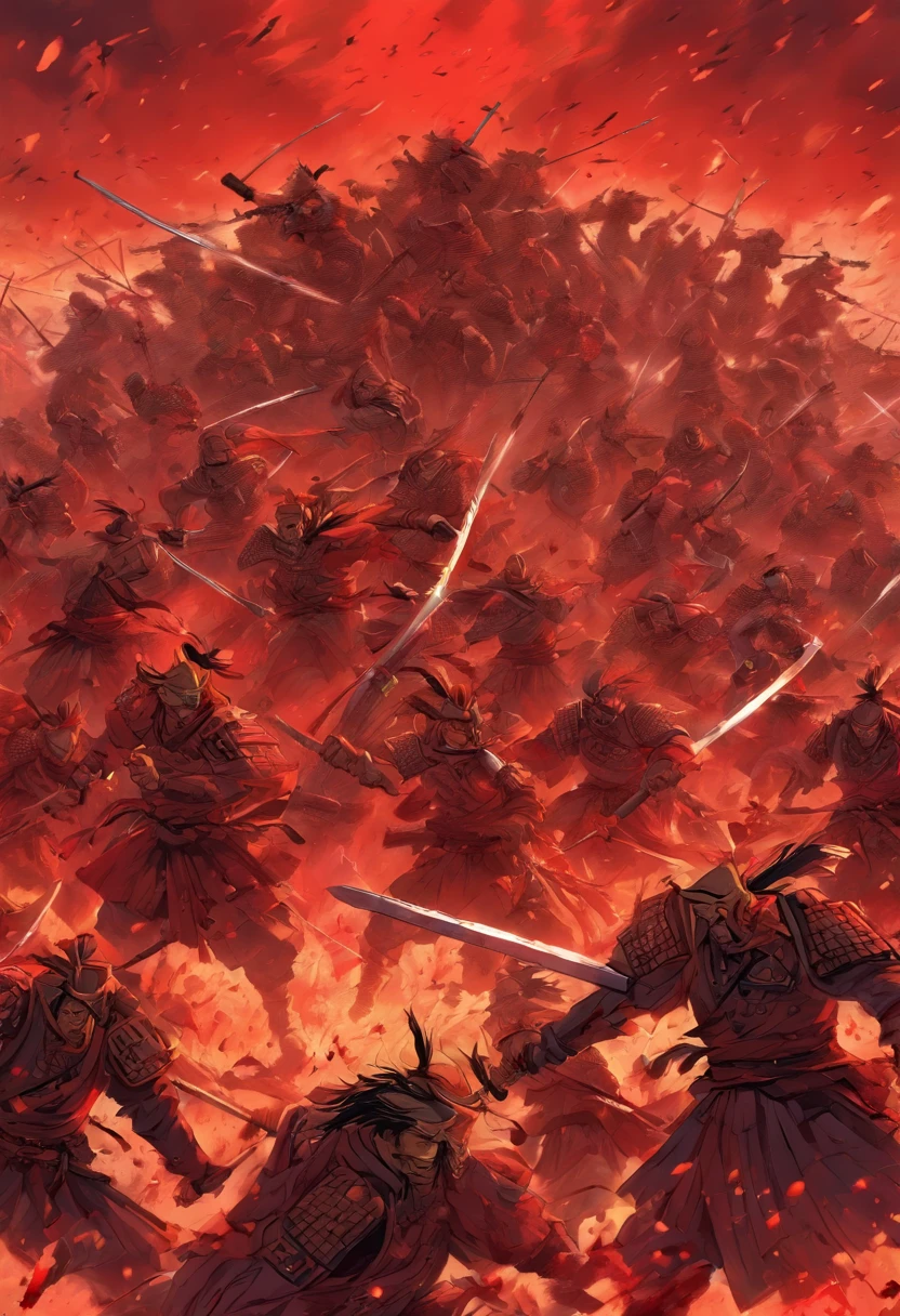 dozen soldiers clashing their swords in war, red sky, bloody ground, bloody ancient chinese war in plains