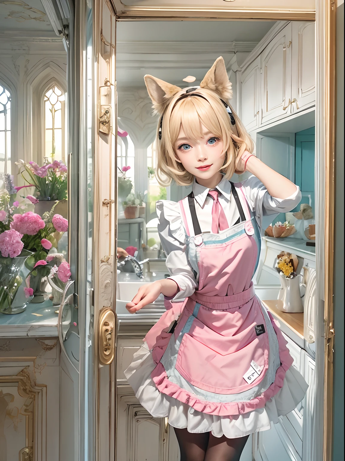 (Masterpiece:1.2, Best quality), hdr, intricately details, 1girll, 23years old,
Blonde hair, aprons, Animal ears,Smile, Own hands together, Door, dress, White apron, Indoors, Long sleeves, Blue eyes, view the viewer, Furry, Pink dress, Short hair, maid, maid apronl, Dog ears, window, bangs, standing, Closed mouth,blackstockings