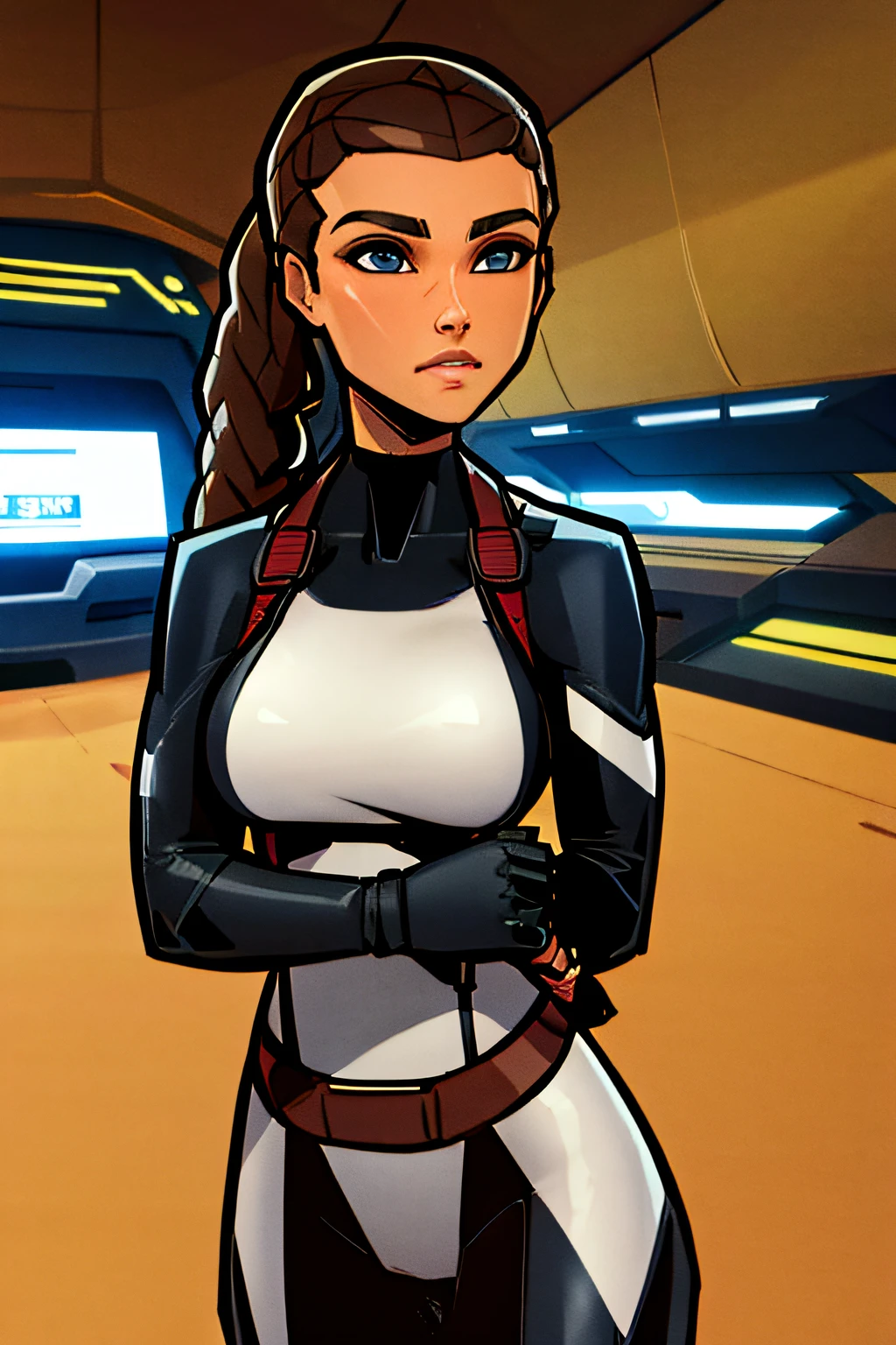 brunette, deep tan, stillsuit, braided ponytail, sci fi gun