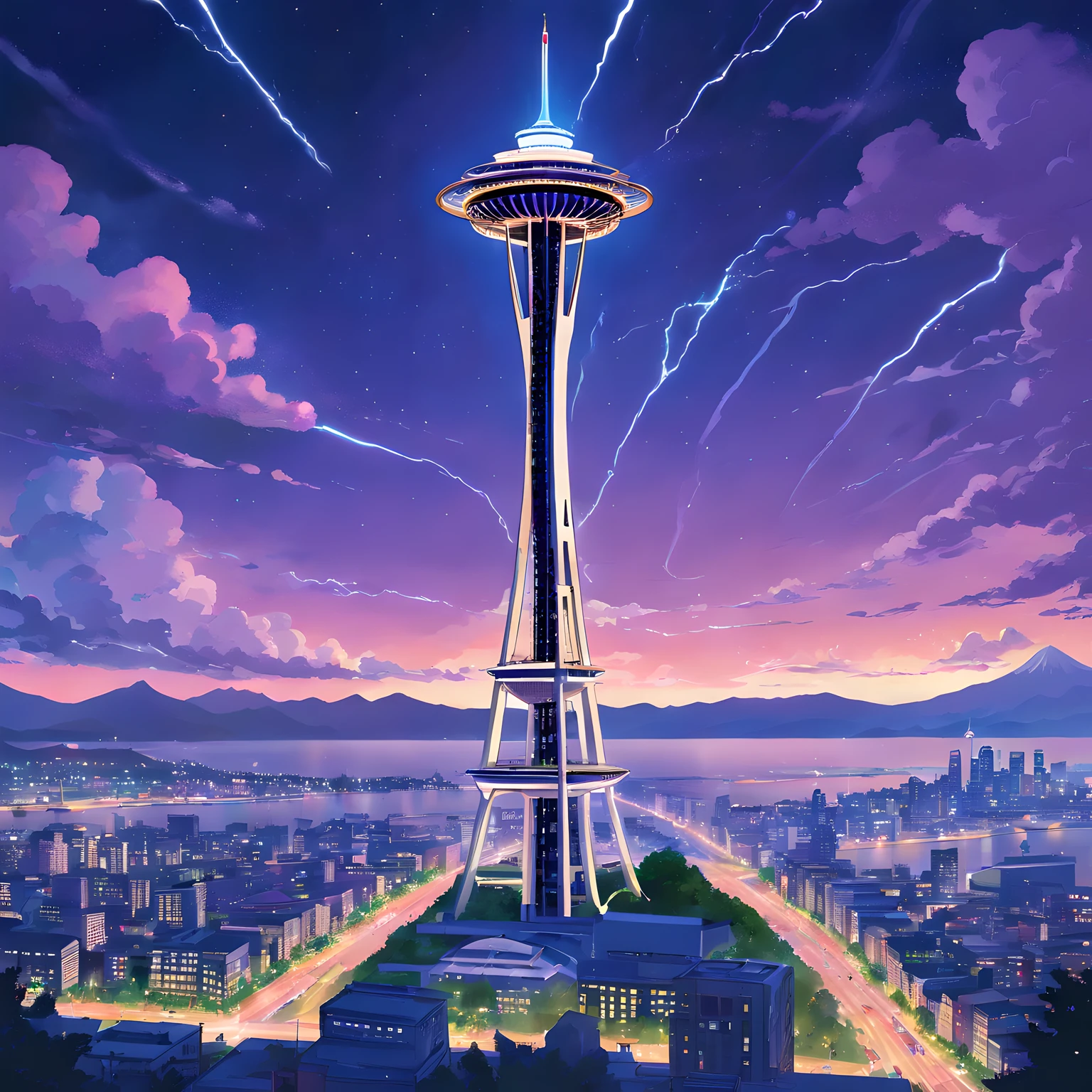 Isekai Space Needle、Space Needle of the near future、Space Needle、landmark、thunder clouds、lightning bolt、thunderstyle, simple purple background,　Space Needle floating in the night view of Seattle、fantasy art, The glowing Space Needle、Fantasy world of Seattle cityscape、from below, night sence, night city view, Composition with emphasis on the presence of the Space Needle、