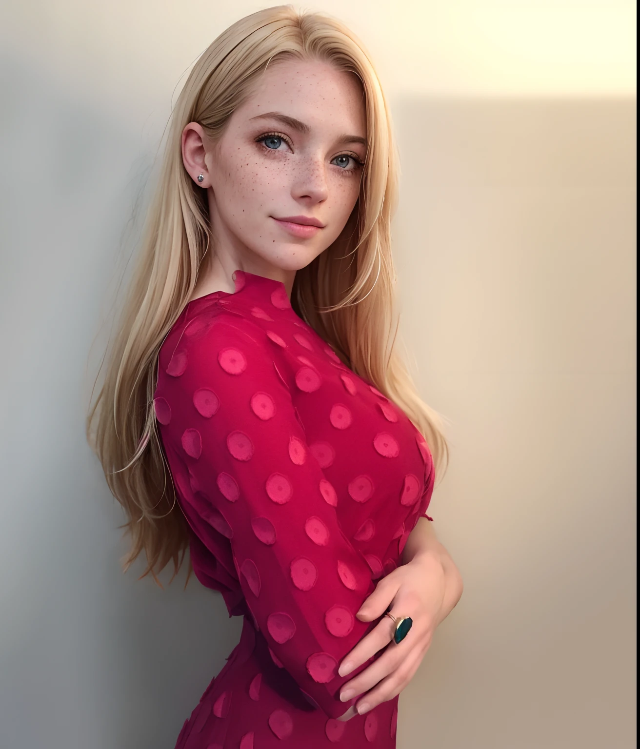 Rosto de uma mulher, americana, 25 anos, pale skin and freckles, olhos cinzas, nariz delicado, soft and delicate lips, cabelo blondie cinza longo e ondulados, sorriso meigo,
