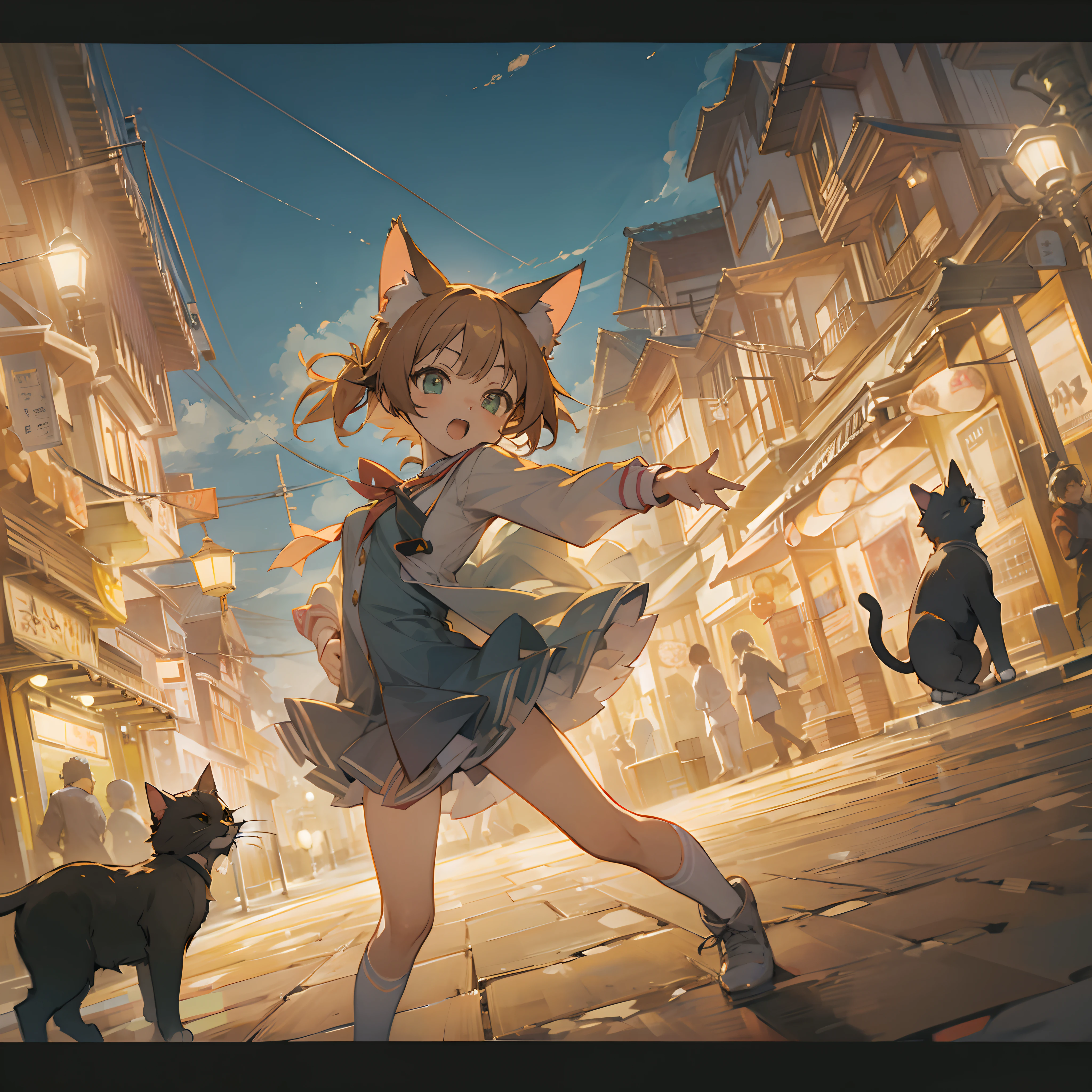 Japanimation, eroge, cat ear girl, 16k, absurd resolution, absurd detailed, (((masterpiece))), town, cinematic composition, delicate composition, dynamic angle