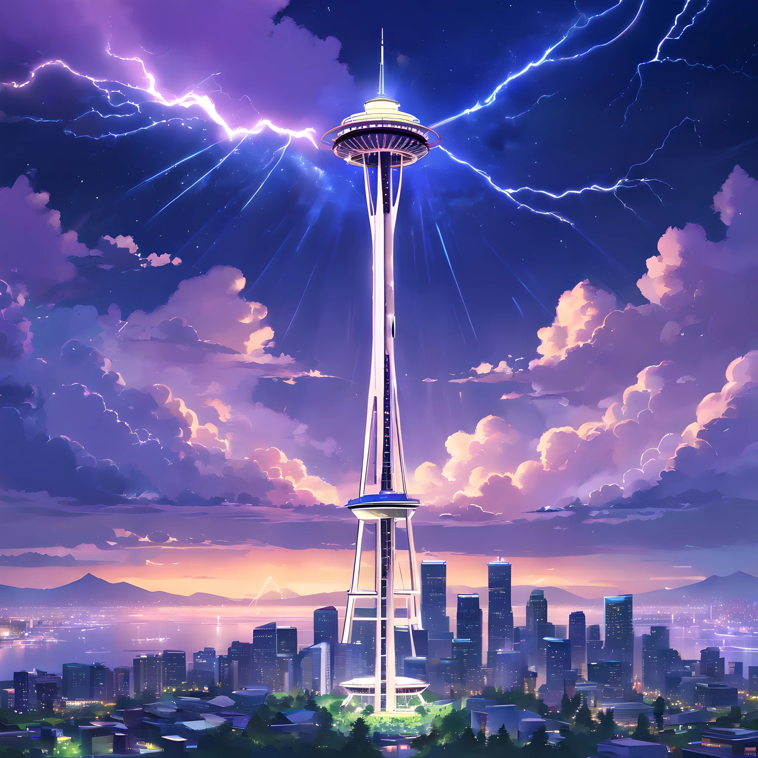 Isekai Space Needle、Space Needle of the near future、Space Needle、landmark、thunder clouds、lightning bolt、thunderstyle, simple purple background,　Space Needle floating in the night view of Seattle、fantasy art, The glowing Space Needle、Fantasy world of Seattle cityscape、from below, night sence, night city view, Composition with emphasis on the presence of the Space Needle、