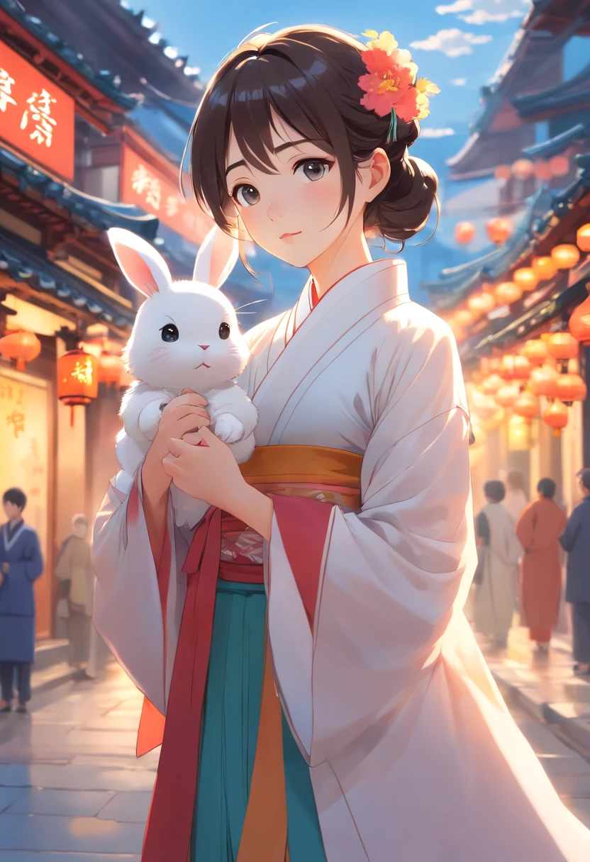 A walking Tang dynasty girl dressed in traditional Chinese costume (Hanfu), The expression is cute and innocent, having fun，Holding a white rabbit. Set against the backdrop of the bustling streets of Chang'an, (full body shot of:1.4), Precision and precise details, Depth of field, 8k解像度, A masterpiece, Beautiful wallpapers, top notch quality, High level of detail, Perfect facial features, Official artwork, and blurred backgrounds. - Niji 5 - Q 2