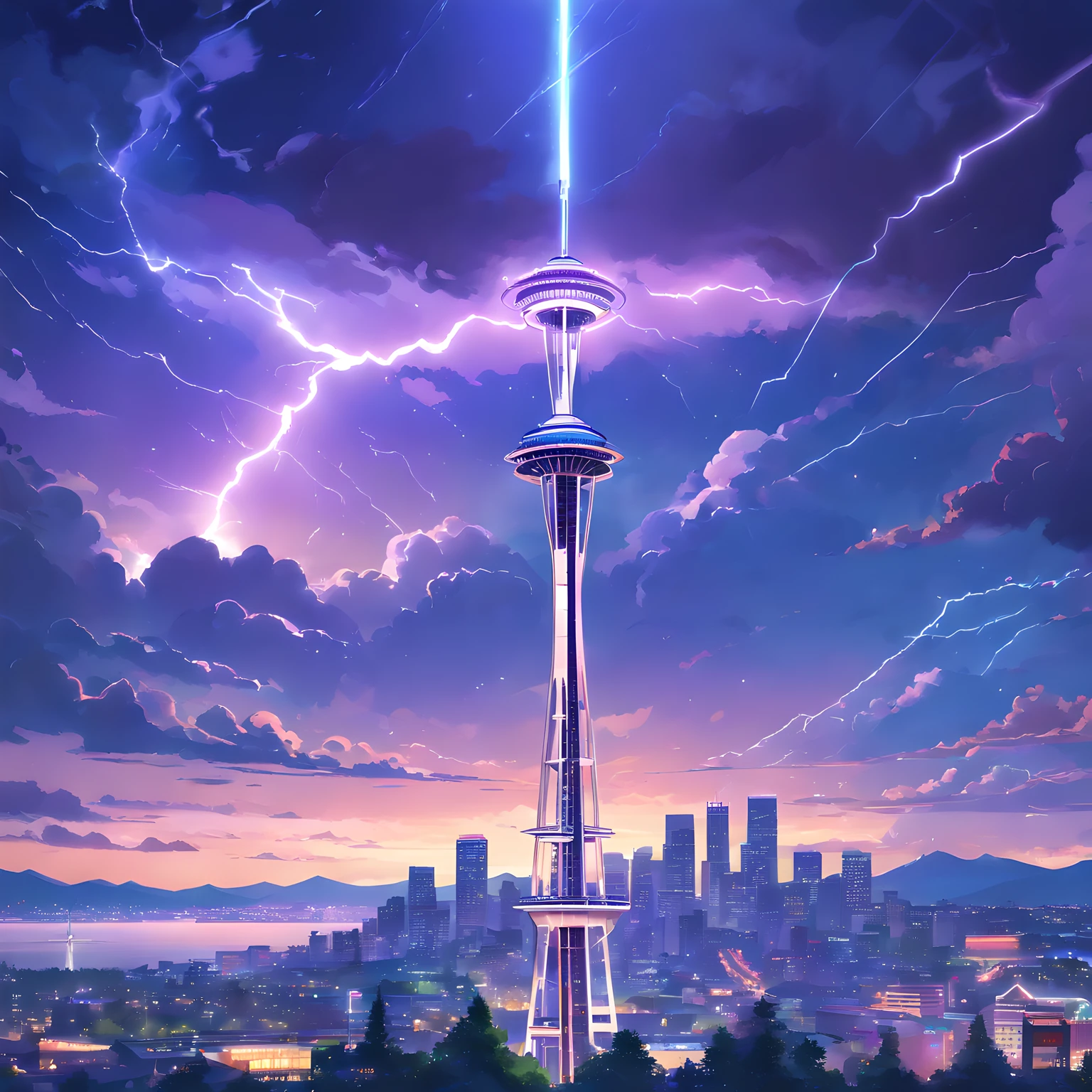 Isekai Space Needle、Space Needle of the near future、Space Needle、landmark、thunder clouds、lightning bolt、thunderstyle, simple purple background, Space Needle floating in the night view of Seattle、fantasy art, The glowing Space Needle、Fantasy world of Seattle cityscape、from below, night sence, night city view, Composition with emphasis on the presence of the Space Needle、