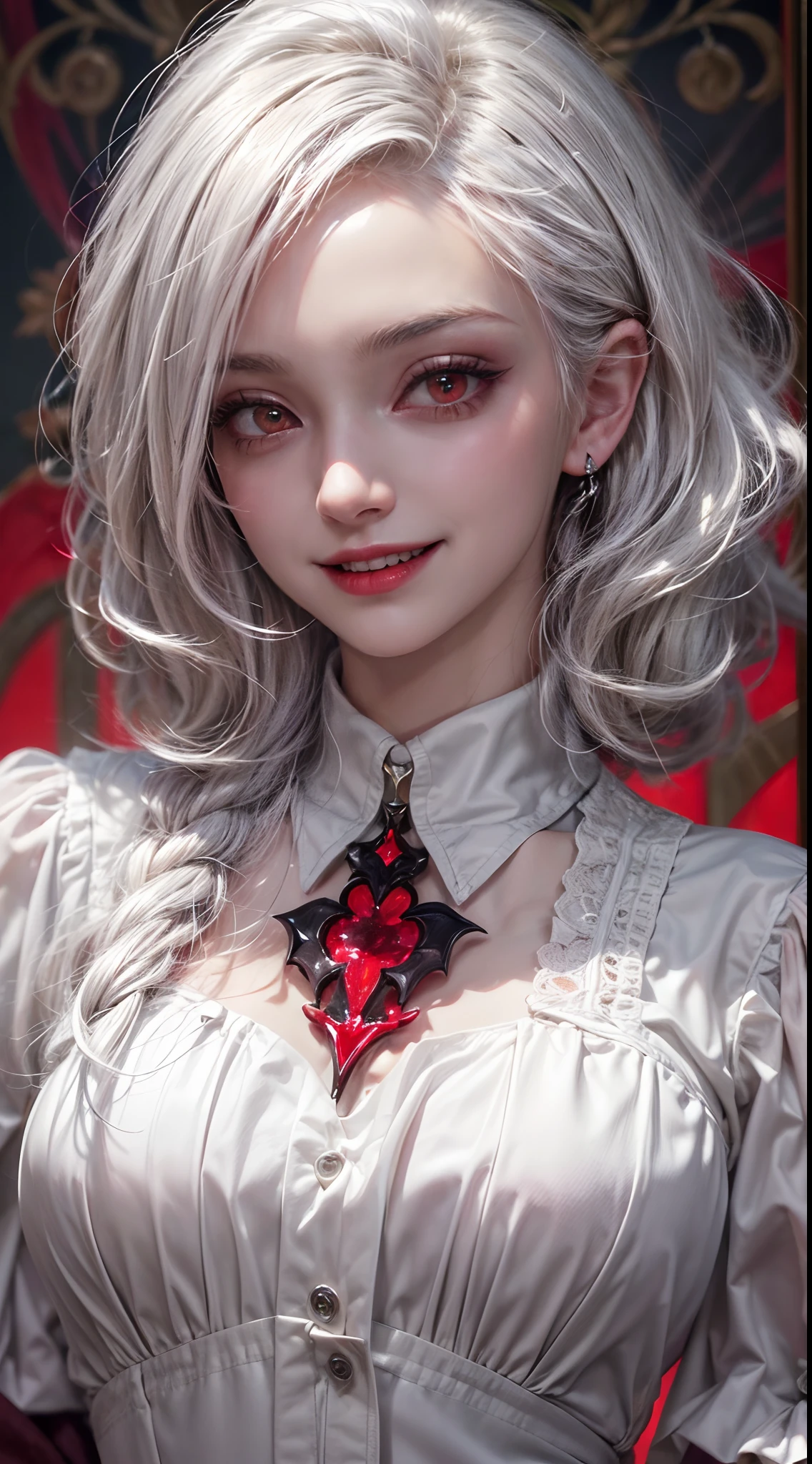 (((Masterpiece, best quality, highres))), (((vampire woman, red eyes, evil smile, menacing, stare to viewer))), ((pale skin)), ((gothic white dress, bob cut hair, white hair)), hyperrealist portrait of mature female by david hockney and alphonse mucha, fantasy art, photo realistic, dynamic lighting, artstation, poster, volumetric lighting, very detailed faces, perfect face, perfect hands, 4 k, award winning, 1girl, in the dark, deep shadow, low key, cowboy shot)), ((ancient background)).