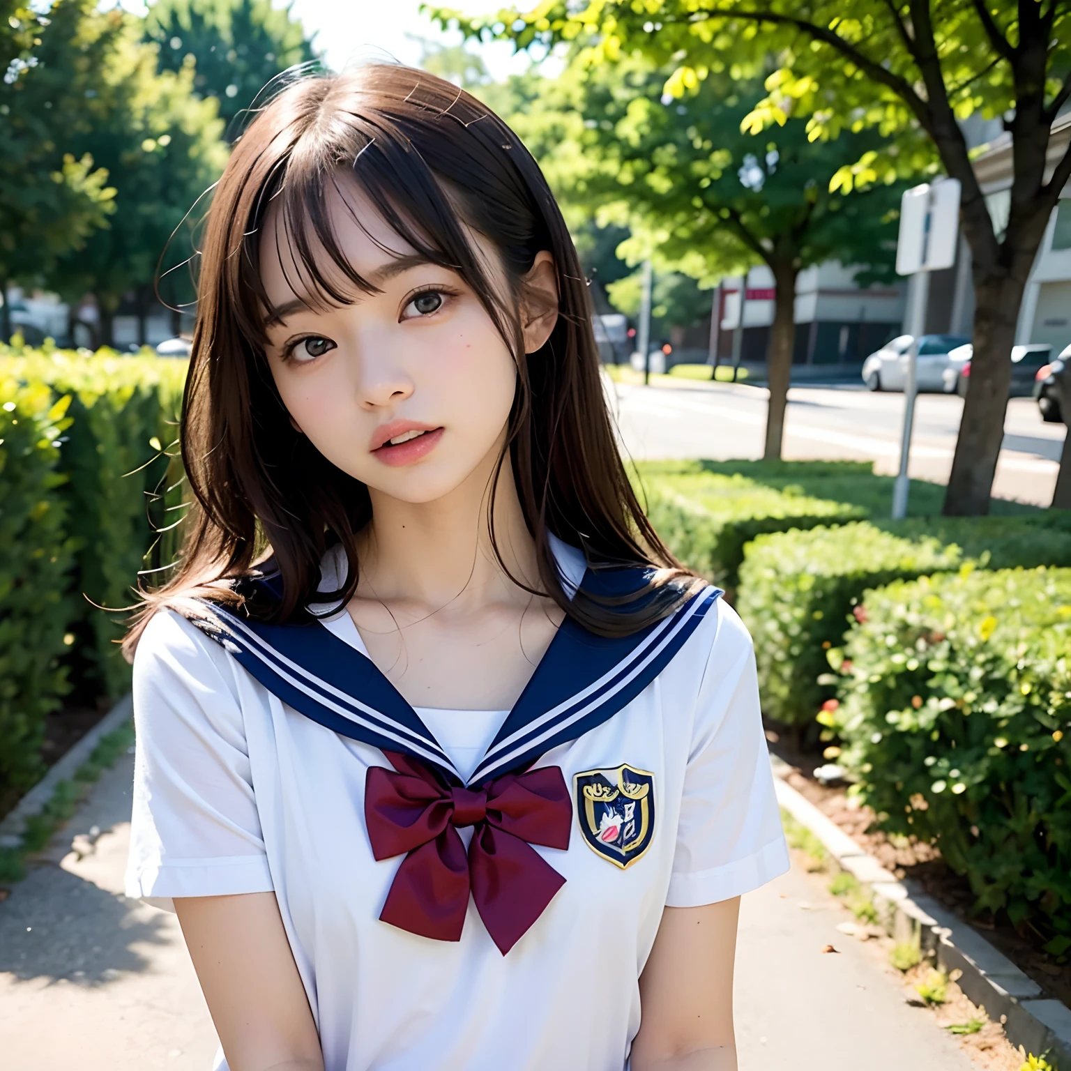 (masutepiece, Best Quality:1.2), 8K, Official art, Raw photo, full body Esbian、Red camisole、Facing up、skinny、14years、small tits、Eyes closed、Deep sadness、Sorrow、look up sky、Open mouth、screeming、 unbelievable Ridiculous, (Upper body, Sailor suit on top、Panties underneath、serafuku:1.4), Beautiful Girl, Pretty Face, arching back down, cute panty、Gold hair ornament on hair、close up, School uniform, Short sleeve, gardenia, violaceaess, Teen, Street, Looking at Viewer, Film grain, chromatic abberation, Sharp Focus, face lights, Dynamic lighting, Cinematic lighting, Eyes and faces with detailed, Bokeh background, (1 dark red bow tie:1.2)