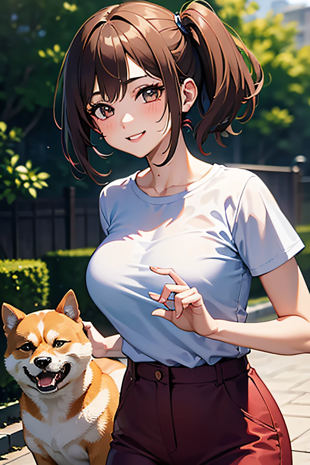(Girl taking a walk with a puppy:1.3),(Shiba dog:1.3),Have a lead,Crystal clear water flows,beautiful mountain in background々,Very Big White T-Shirt,Cargo pants, gently smiling、(beautiful a girl)、(short hair of red-brown color、hair pin、poneyTail、Floating hair、)Colossal tits、A smile that beguiles the viewer、Look into the photographer、skin glistening with sweat、gazing at viewer,pointed red mouth,Perfect round face,,Proper body proportion,Intricate details,Very delicate and beautiful hair,photos realistic,Dreamy,Professional Lighting,realistic shadow,Beautiful hands,Beautiful fingers,Detailed finger features,Detailed arm functions,detailed clothes features,Detailed hair features,detailed facial features,(masutepiece,top-quality,Ultra-high resolution output image,) ,(The 8k quality,),(Image Mode Ultra HD,)