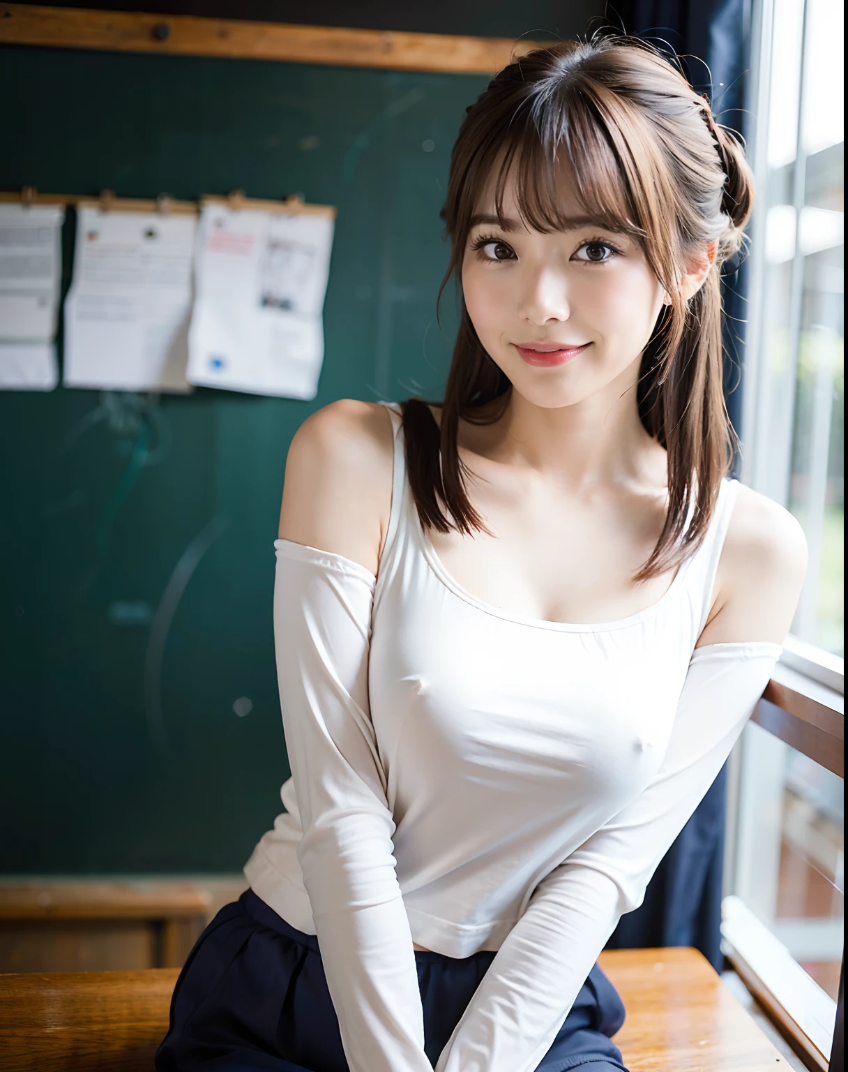 best quality, face focus, soft light, (depth of field) ,ultra high res, (photorealistic:1.4), RAW photo,
(upper thigh:1.4), (from front), overcast
1japanese girl, solo, cute, (25 years old), (smile:1.1), (brown eyes), detailed beautiful face, (midi_hair,updo),
class room, in front of blackboard, put hand on the podium, textbook, teacher, talking
sports hall