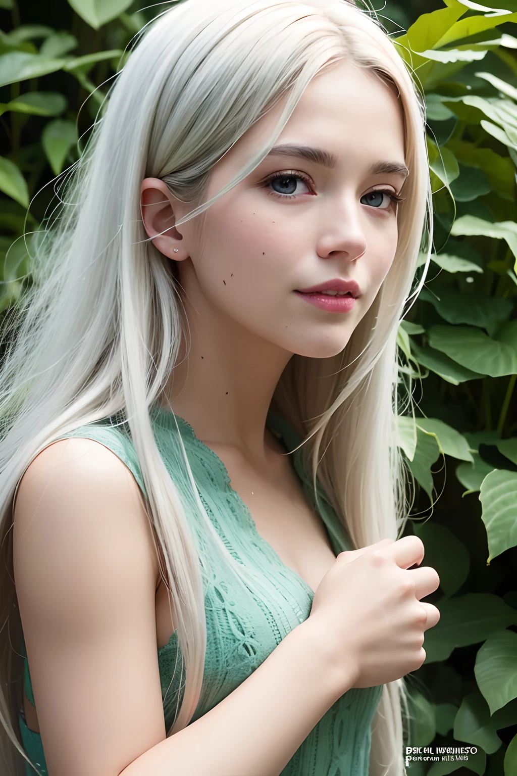 (8K), (Best Quality: 1.2), (Realistic), (Photorealistic: 1.37), Ultra Detailed, (Kissing), One Girl, Cute, Smile, Long Hair, Green Plants, Beautiful Eyes in Detail, Beautiful Nose, Full Body, Big, Darcefo, Pig's Nest, Women, White Hair