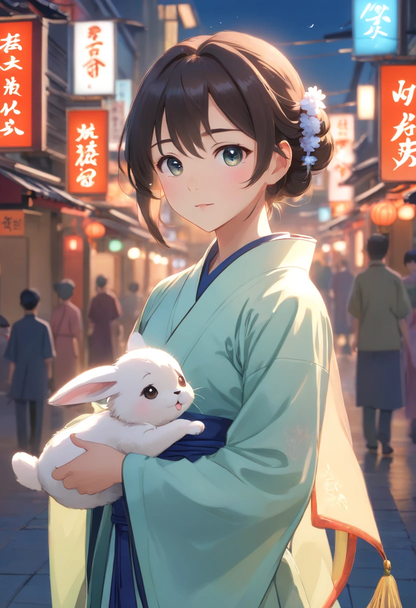 moon full,A girl from the Tang Dynasty dressed in traditional Chinese costume (Hanfu), The expression is cute and innocent, having fun,Holding a white rabbit. Set against the backdrop of the bustling streets of Chang'an, (full body shot of:1.4), Precision and precise details, Depth of field, 8k解像度, A masterpiece, Beautiful wallpapers, top notch quality, High level of detail, Perfect facial features, Official artwork, and blurred backgrounds. - Niji 5 - Q 2