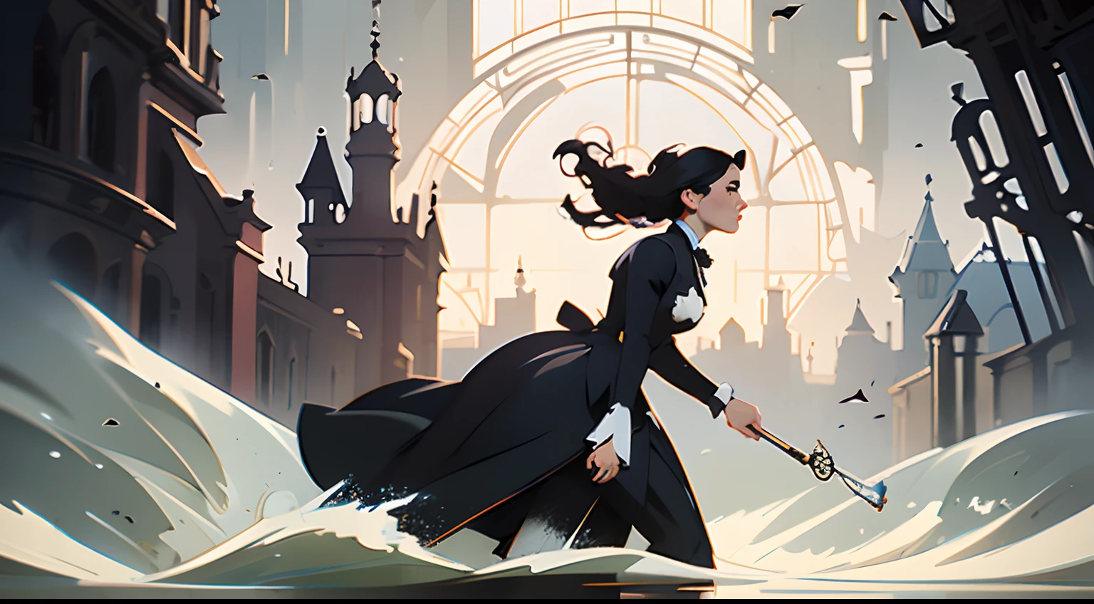 beautiful and asethetic, masterpiece, movie poster, best quality, drawing of a side view of a black haired woman with a high collared black long sleeved victorian dress running on water, huge broken clock, muted colors, by james jean style, fantastical elements