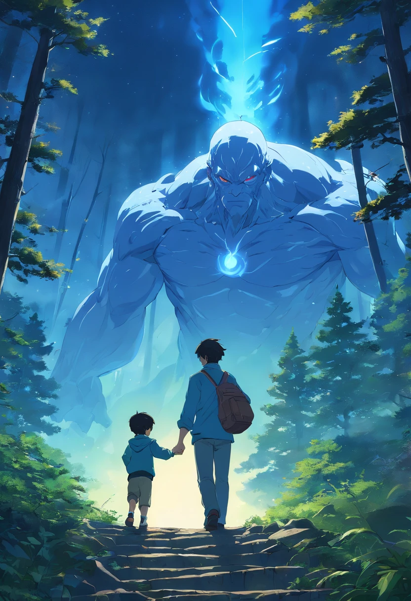 1 Middle-aged man,with wrinkles on his face,In the mountains in the woods,Holding a baby, mystical aura, Forest background, Moonlit Night, Swirling mist,surreal atmosphere,(Chinese folk suspense, Horror, Supernatural comic book style)