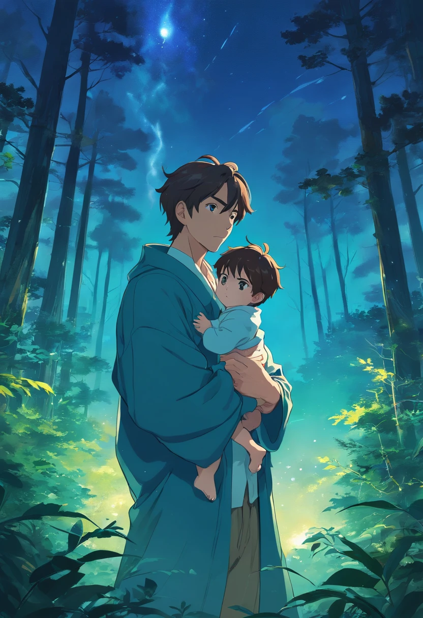 1 Middle-aged man,with wrinkles on his face,In the mountains in the woods,Holding a baby, mystical aura, Forest background, Moonlit Night, Swirling mist,surreal atmosphere,(Chinese folk suspense, Horror, Supernatural comic book style)