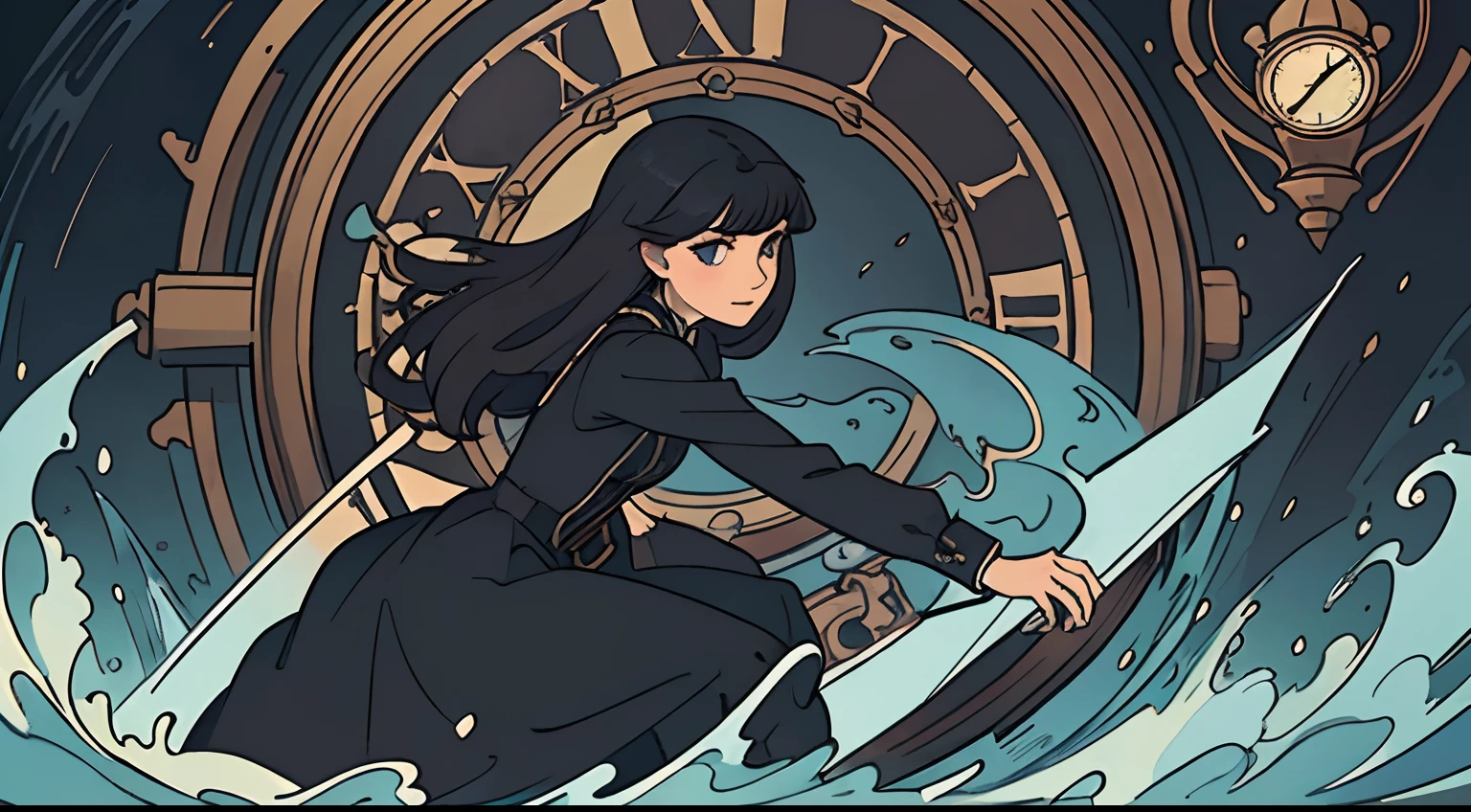 beautiful and asethetic, masterpiece, movie poster, best quality, drawing of a side view of a black haired woman with a high collared black long sleeved victorian dress running on water, huge broken clock, muted colors, by james jean style, fantastical elements
