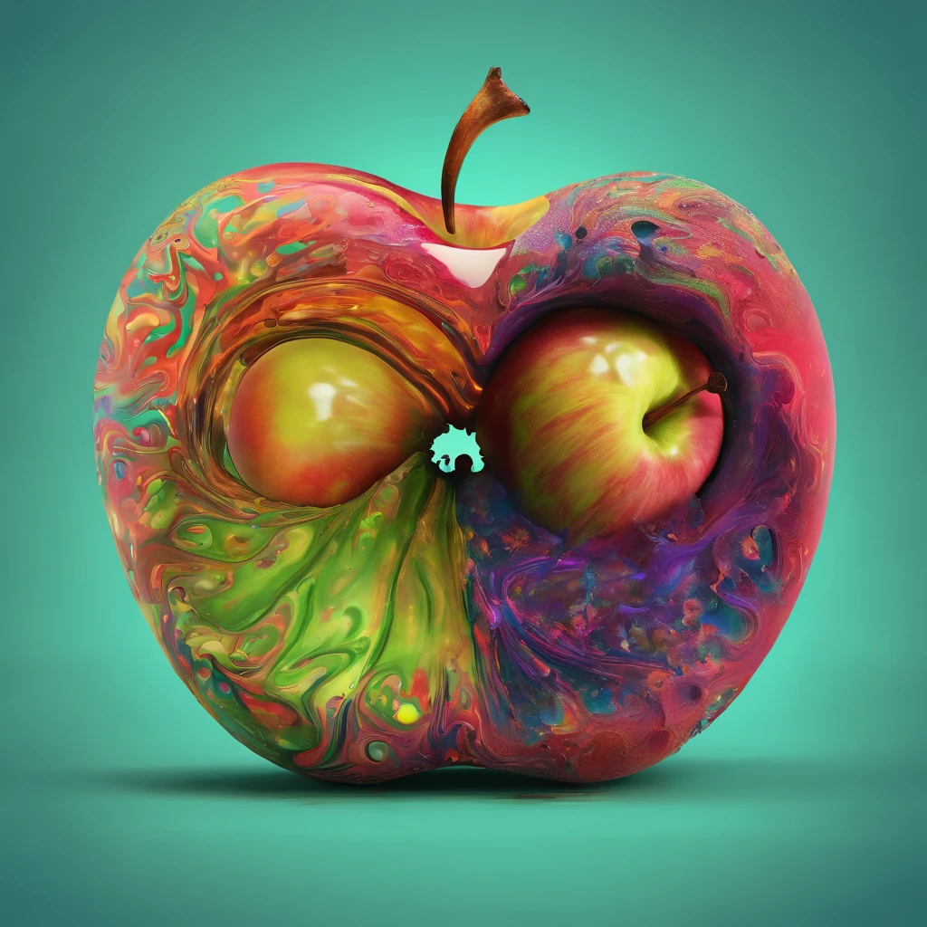 A whole apple (Half an apple: 1.2) gradually (reserve: 1.3), Half an apple, Eaten by mold, Mold infestation, decay, Two objects of the same shape, The apple rots at one end, 35mm lens, mysterious, Mystical, symbolic, Intricate, Detailed.