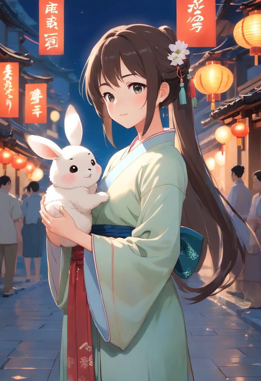 moon full,A girl from the Tang Dynasty dressed in traditional Chinese costume (Hanfu), The expression is cute and innocent, having fun,(Holding a white rabbit). Set against the backdrop of the bustling streets of Chang'an, (full body shot of:1.4), Precision and precise details, Depth of field, 8k解像度, A masterpiece, Beautiful wallpapers, top notch quality, High level of detail, Perfect facial features, Official artwork, and blurred backgrounds. - Niji 5 - Q 2
