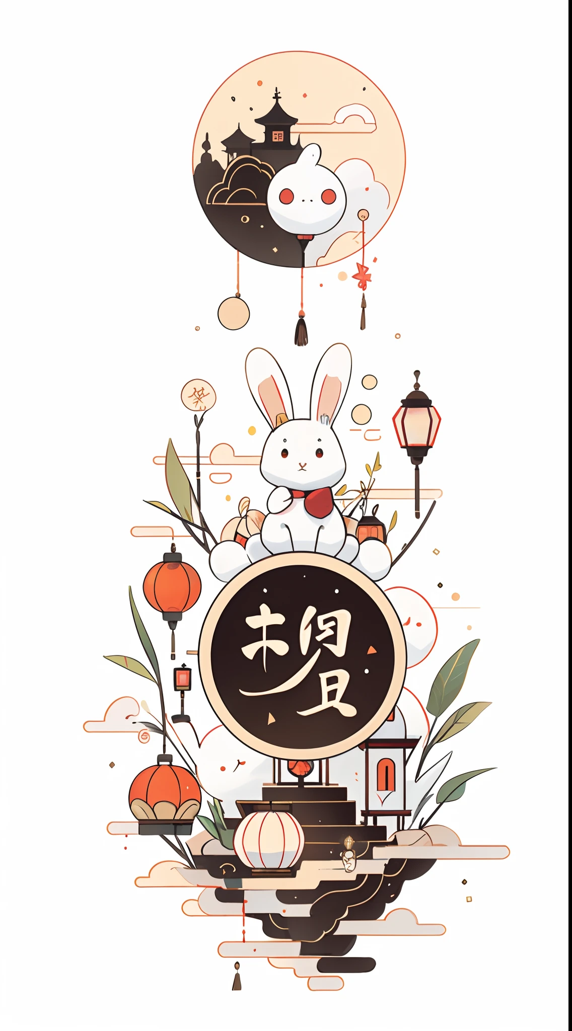 （A rabbit：1.4）, sat on the ground, Looking up, （（Mid-Autumn Festival atmosphere，sweet osmanthus，Kongming Lantern，Meniscus，Moon cake）），（Chinese kanji：1.3），Chinese Traditional illustration style, Digital art, Simple background, Masterpiece on white background, Best quality, Ultra-detailed, High quality, 4K