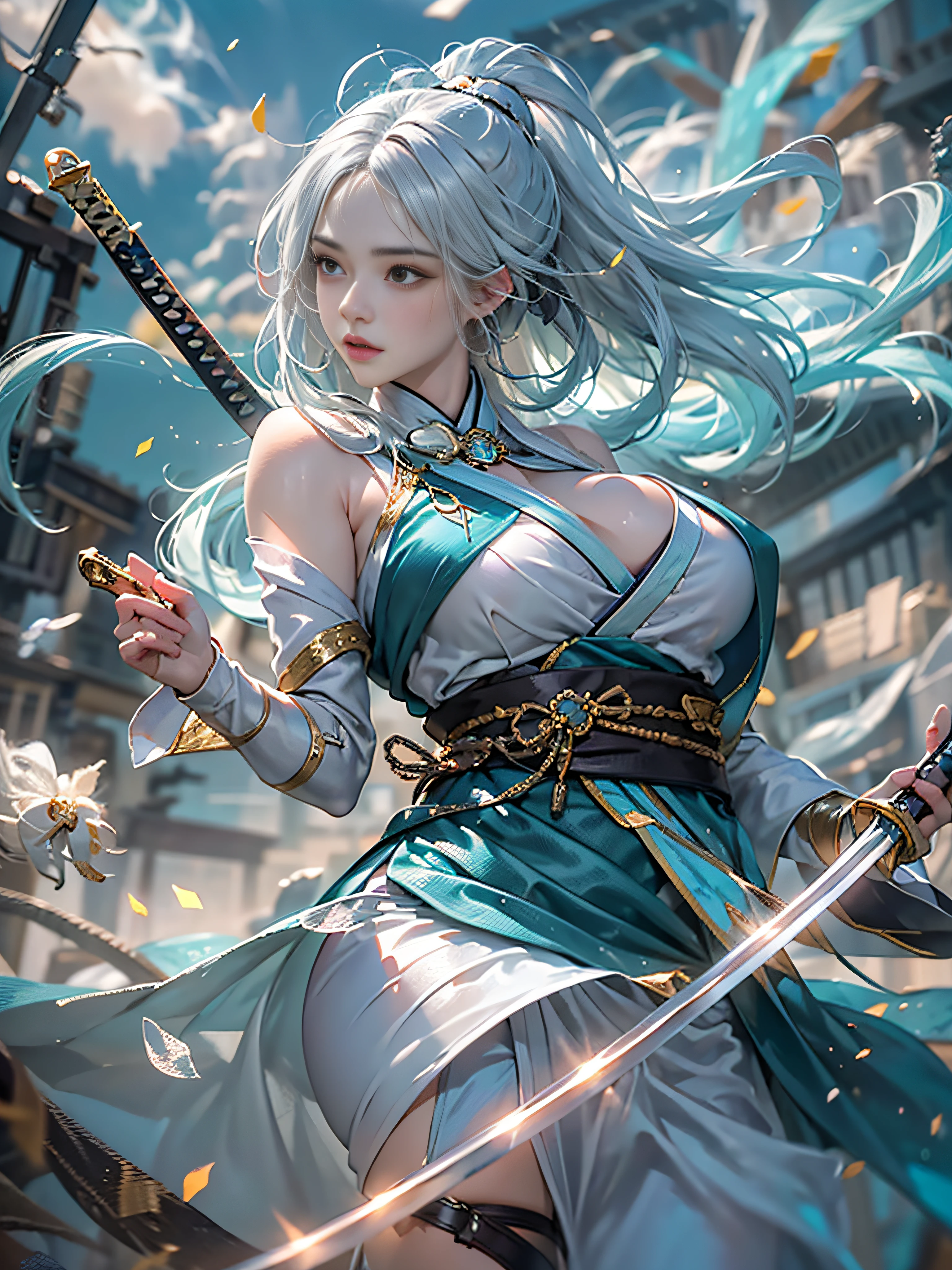 ((Jeizuo))),(((best qualit))),((ultra-detailliert)),(A hyper-realistic),(High Definition CG Illustration),Movie Light,Lifelike,(ganyu),Very beautiful young lady,Whirlwind,A bell hangs on his chest,(Beautiful face and lips),Light makeup,Intricate Details EBA,lightblue hair,blue cloak,Popular on ArtStation,Big thighs,fully body photo、Japanese Katana Sword、Japanese dress、Colossal tits、A bell hangs on his chest、Japanese style costume