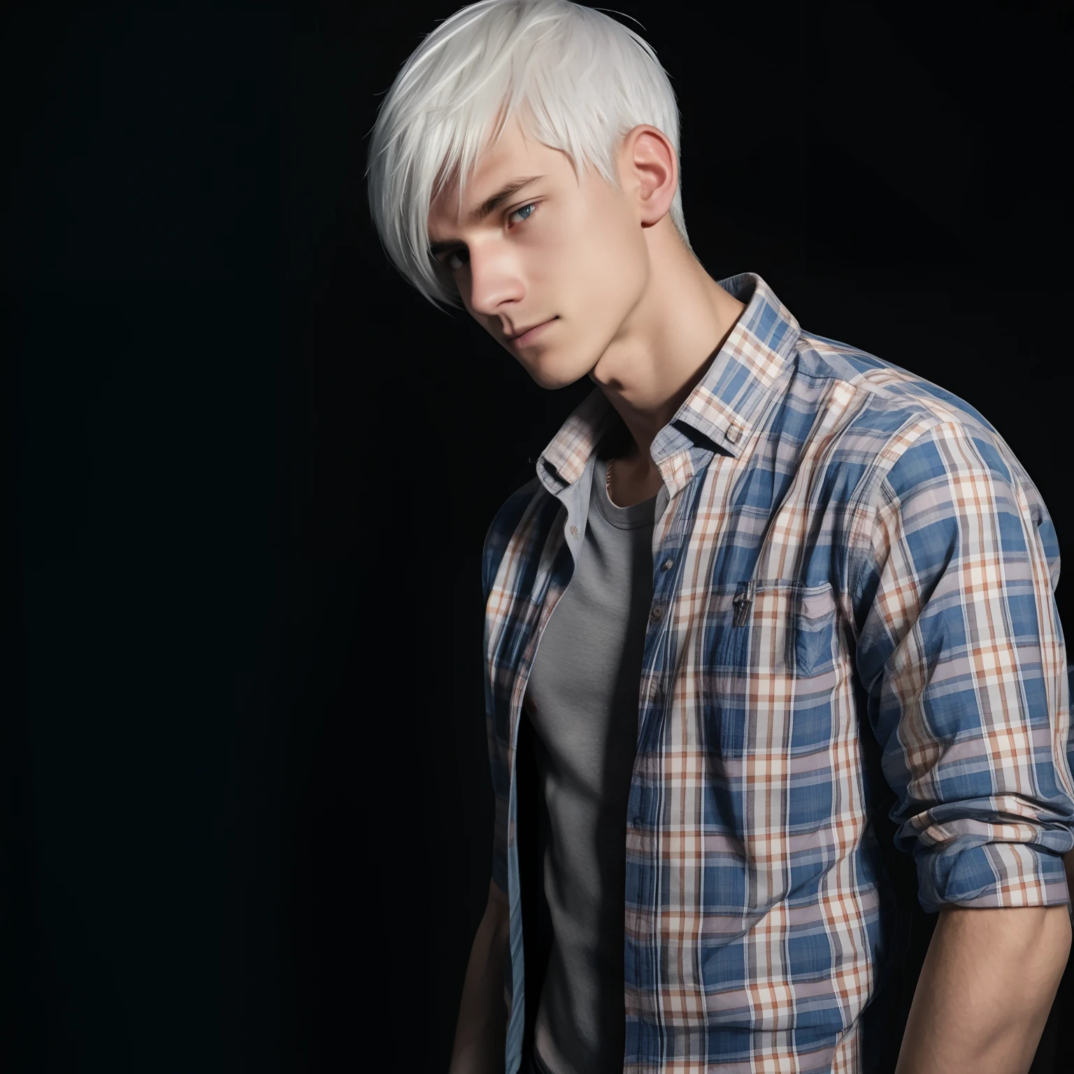 Teen male posing, skinny body, atmospheric, cute face, white hair, dead inside, plaid shirt, dark lighting, protruding dick, side view