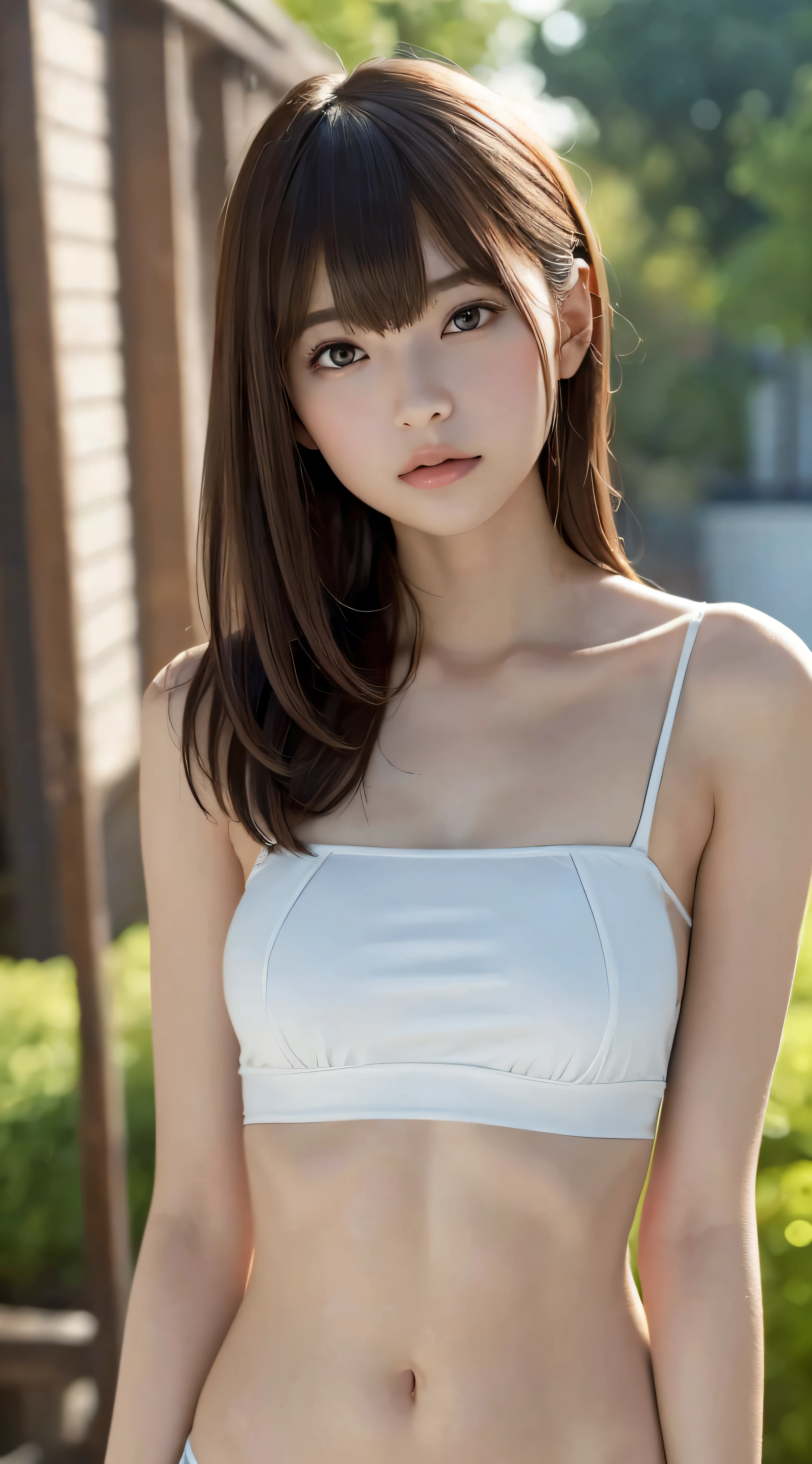 ((Best Quality, 8k, Masterpiece: 1.3)), Full Body, (Best Quality, Masterpiece: 1.2)), Cute Japan Woman Pictures, 1 Girl, 25 Years Old Beautiful Japan Girl, ((White Tube Top Bikini: 8.5)), (Full Body Photography), Full Body Portrait, Hard Nipples, Very Delicate Body, Small Breasts, ((Thin Waist: 5.5)), (Slender Abs: 3.5), (Small), (Female 160 cm), Focus sharp: 1.2, Outstanding Beauty Style: 1.4, Slender Abs: 1.2, (((Brown hair, Big: 1.2)), Highly detailed face and skin texture, Detailed eyes, Double eyelids, Outdoor, Full body portrait, Hair fluttering in the wind, Bangs,