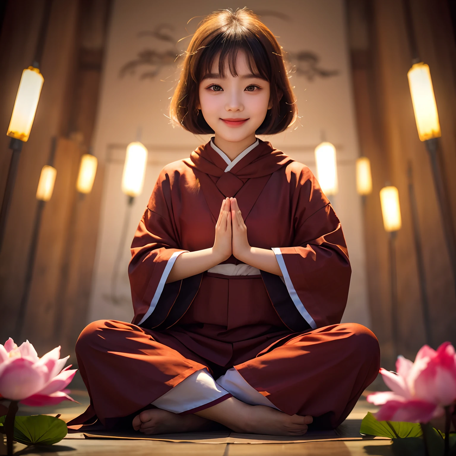 A 3-6 Chinese girl, Wear loose monk clothing, A long string of Buddhist sutra beads hung around her neck,Smiling,Facing the camera, Blur the background focus on her face。This girl has beautiful and delicate eyes、Lips and face,and long eyelashes。The portrait expresses peace and serenity through her gentle smile。She is in the center of the picture,It is surrounded by a solemn temple atmosphere。The girl's outfit is a brown cassock,Represents the Buddhist tradition。The portrait was shot up close,Fine details are highlighted,Get to the heart of the subject。The image quality is the best,With ultra-detailed features and realistic feel。The artistic style is reminiscent of traditional portraiture。The color palette is soft and harmonious,The warm tones convey a sense of tranquility。The light in the portrait is natural and balanced,Beautifully illuminates the girl's face。