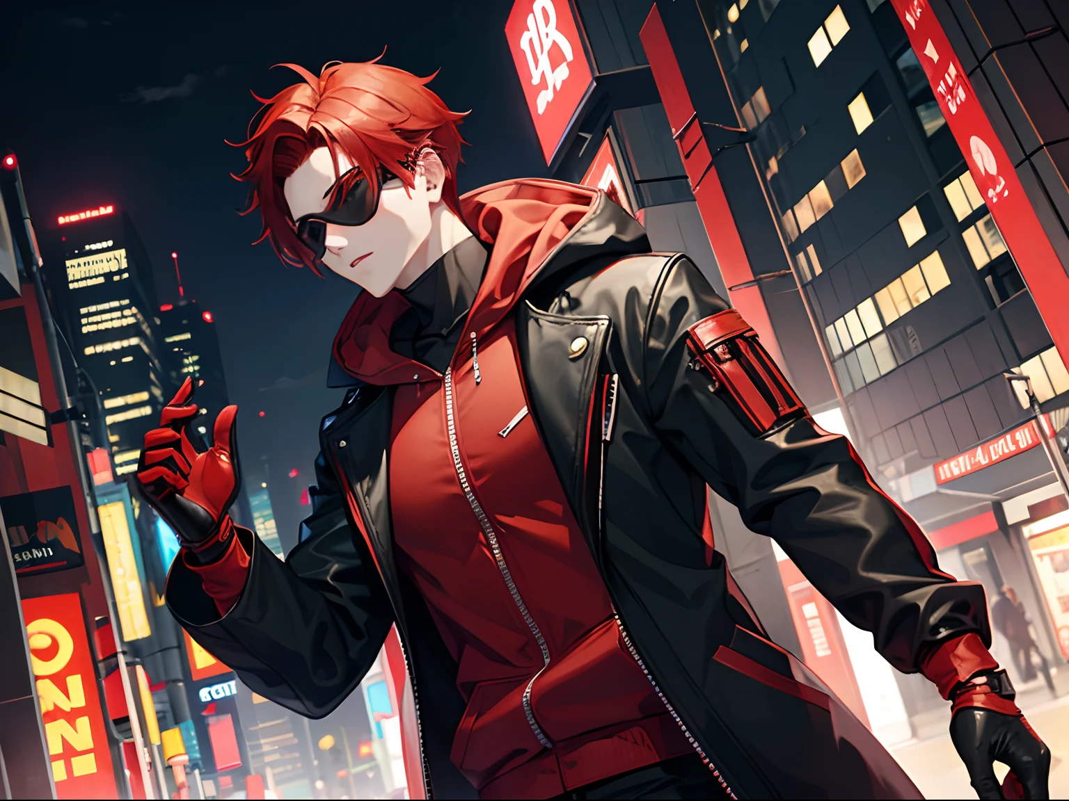 Man with red hair, Unique Hairstyle, Wearing a Red/Black Hoodie, Wearing a cyberpunk mask, Wearing Black Gloves, perfect face, Adult Man