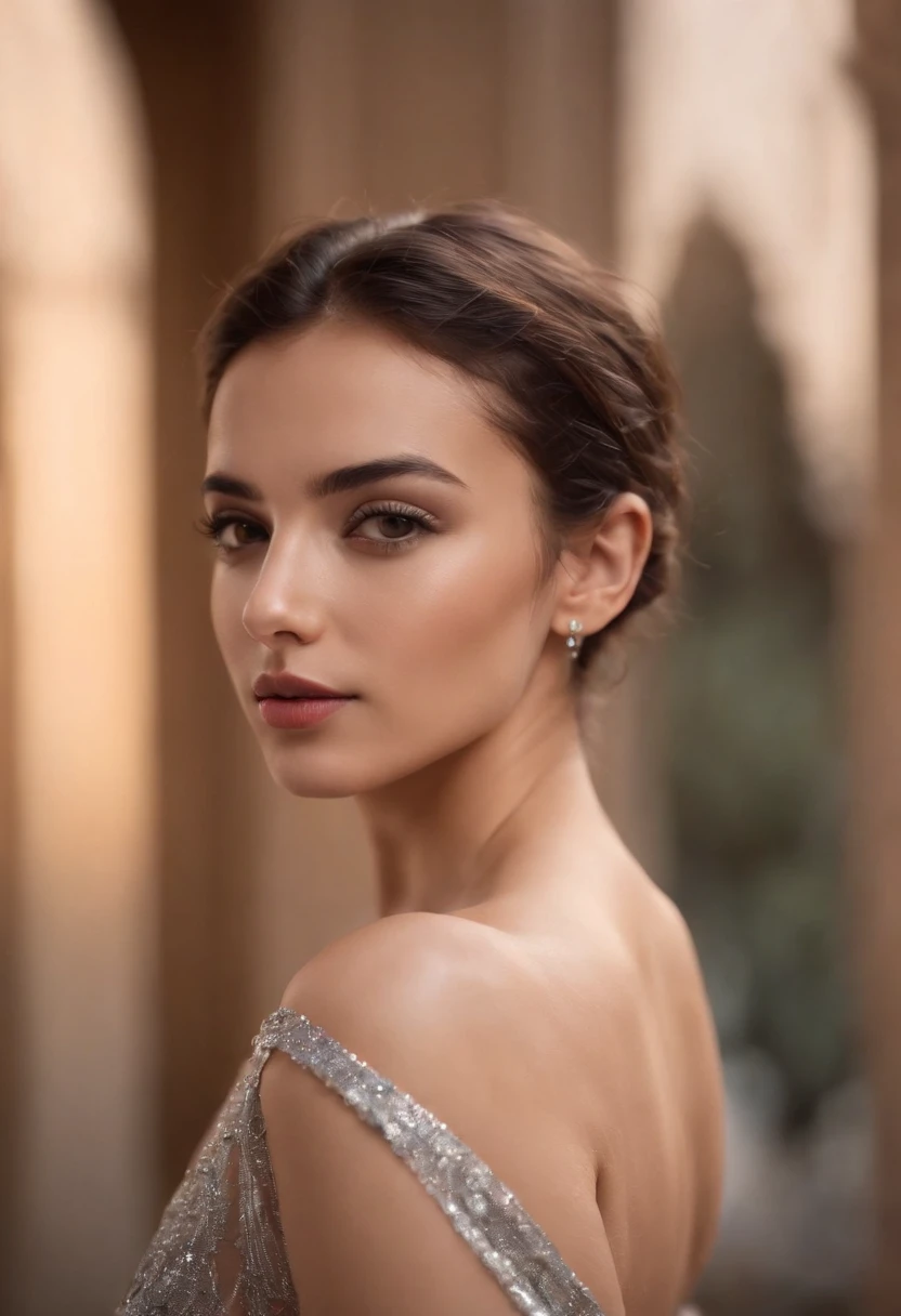 RAW photograph, photorealistic, (masterpiece), ((entire body in frame), one beautiful Egyptian supermodel 21 yo woman, short expressive hair,  silver wing eyeliner, dark lips, dynamic poses, stylish, ultra-realistic, best quality, highly detailed,  dramatic lighting from below, beautiful desirable body, small breasts, topless,
