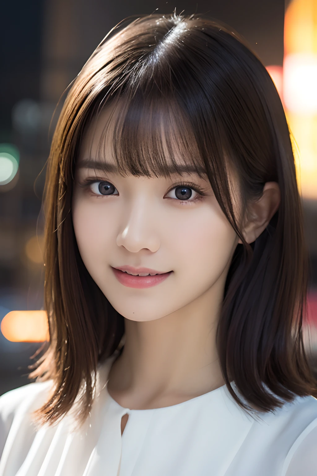 1girl in, (Wearing a white blouse:1.2), (Raw photo, Best Quality), (Realistic, Photorealsitic:1.4), masutepiece, Extremely delicate and beautiful, Extremely detailed, 2k wallpaper, amazing, finely detail, the Extremely Detailed CG Unity 8K Wallpapers, Ultra-detailed, hight resolution, Soft light, Beautiful detailed girl, extremely detailed eye and face, beautiful detailed nose, Beautiful detailed eyes, Cinematic lighting, city light at night, Perfect Anatomy, Slender body, Smiling