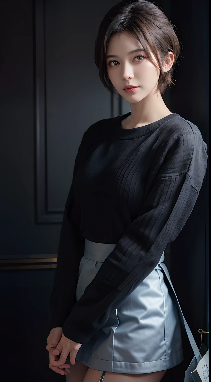 Ultra mini skirt、full bodyesbian、is standing、A slender、(masuter piece:1.3)、(8k、Photorealsitic、RAW Photography、top-quality: 1.4)、(1girl)、beautiful countenance、(lifelike face)、(A dark-haired、short-hair:1.3)、Beautiful hairstyle、realisticeyes、Beautiful details、(real looking skin)、Beautiful skins、(Sweaters)、absurderes、enticing、超A high resolution、A hyper-realistic、high-detail、the golden ratio