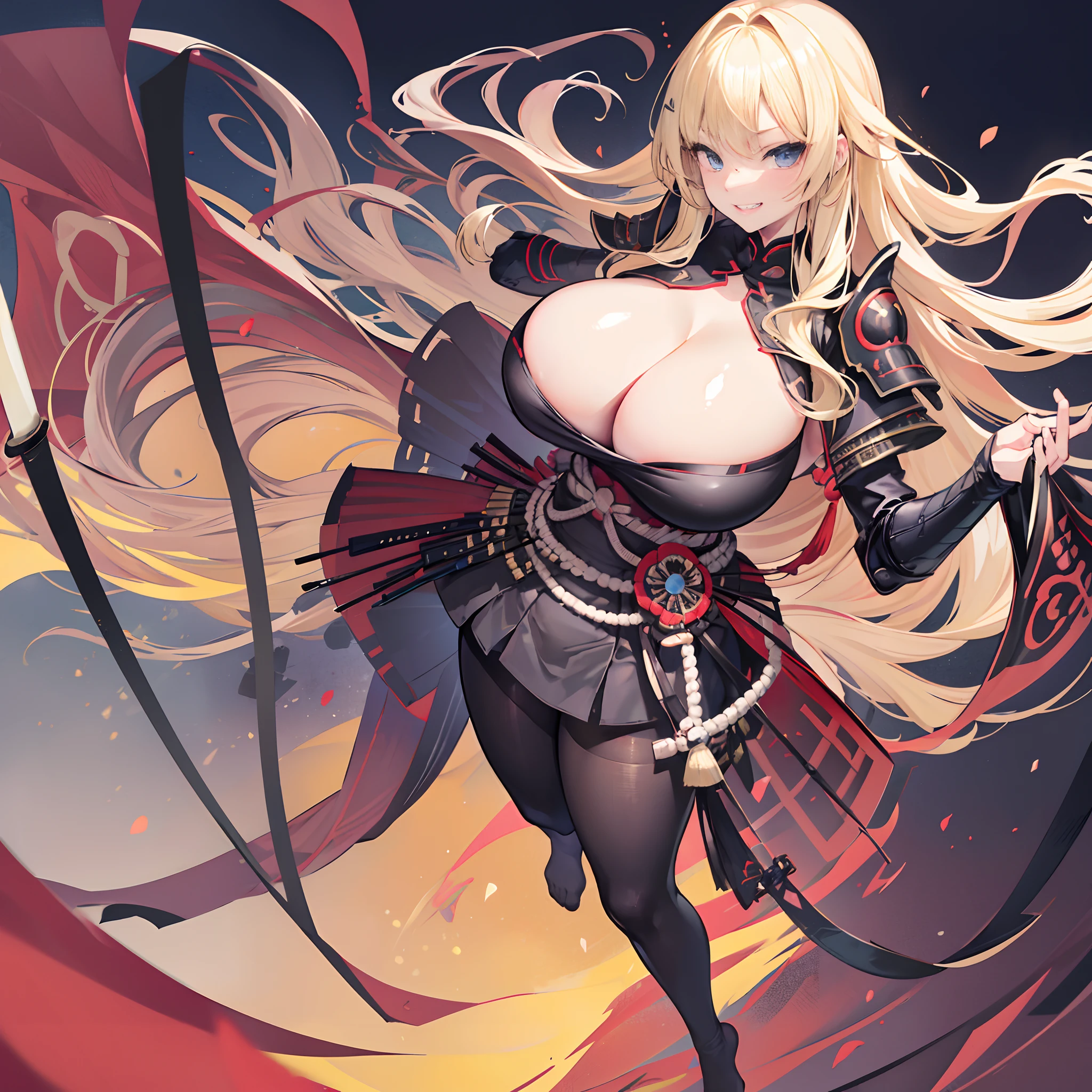 No shoes, solo person, Solo,Black pantyhose,(gigantic cleavage breasts:1.5),Japanese samurai armor,Blonde curls,Full body like,Raise the katana,grin face