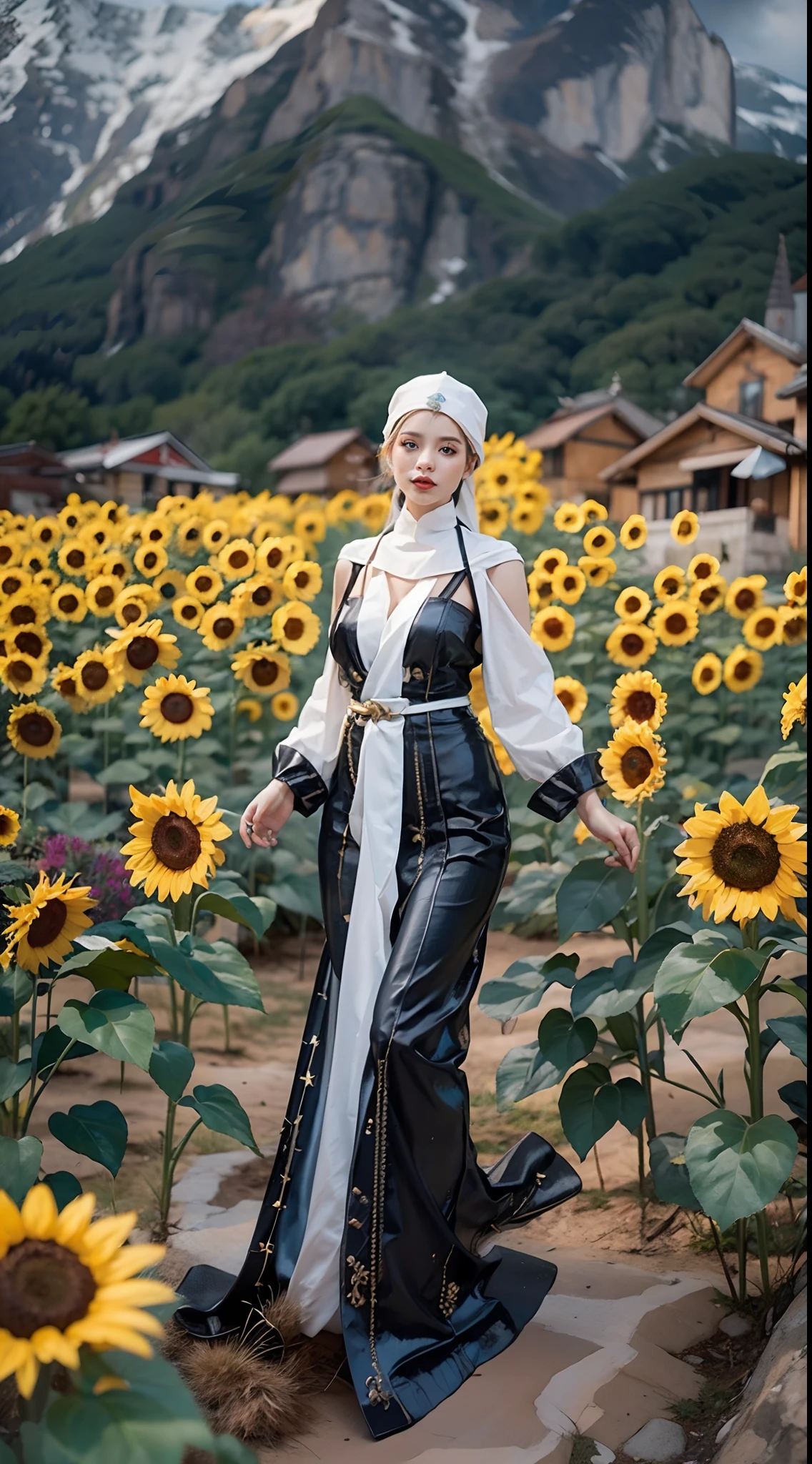 In a very grand scene，The extra-large wide-angle lens captures the appearance of a female centaur。She is a Sunflower Worship nun，Always opposed（A knitted sunflower puppet 9.9）DOA。She is tall，It has the ultimate curvy beauty，The muscles are slender and firm，Beautiful lines。She has（Super huge sky blue eyes：99.99）、always（Wearing sexy glasses：6.66）、（She wears solemn nun attire：9.9）、Stepping on a boot-style skyscraper-heel、A pink cross hangs on his chest。Use Midjourney's advanced tools，Designed for female centaurs（一个针织太阳花布偶并在花盘中心创造一张超级治愈的emoji😊笑脸：99.99），and noble and solemn nun costumes，and highlight her unique physiological characteristics and appearance details，Add realism。And in the context of her prayers and listening to confessions，Spectacular views of nature，Such as the sky where storms and sunny days alternate、Brilliant rivers of stars and auroras、The snow-capped summit of Mount Everest、Fireworks in the mountain town, etc。ao mesmo tempo，Away from the hustle and bustle next to the chapel，Create a fantastic scene。Use Midjourney's advanced tools and multiple color palettes、Brush Strokes、Texture tools and model packages，It shows a sense of atmosphere where beauty and charm coexist。The charm of the female centaur is highlighted through color and lines，Enhance realism with detailing，Create a surreal dreamy feeling。Additionally，Use Midjourney's tools to add various exorcism props and books to the female centaur、pergaminhos，Create intricate hairstyles and outfits，Give her a sense of premium。She never flinches，No matter what monster you encounter，can respond quickly，Even the most extreme armies of natural disasters and monsters could not stop her and her front（Sunflower with Tyndall effect that emits sunlight9.99）。Use Midjourney's powerful tools，You can do it with incredible detail and beauty，Bring this ultra-grand and beautiful scene to life。Ultra-grand scenes，super wide shot， hdr，（真实感，Masterpiece quality，best qualtiy），