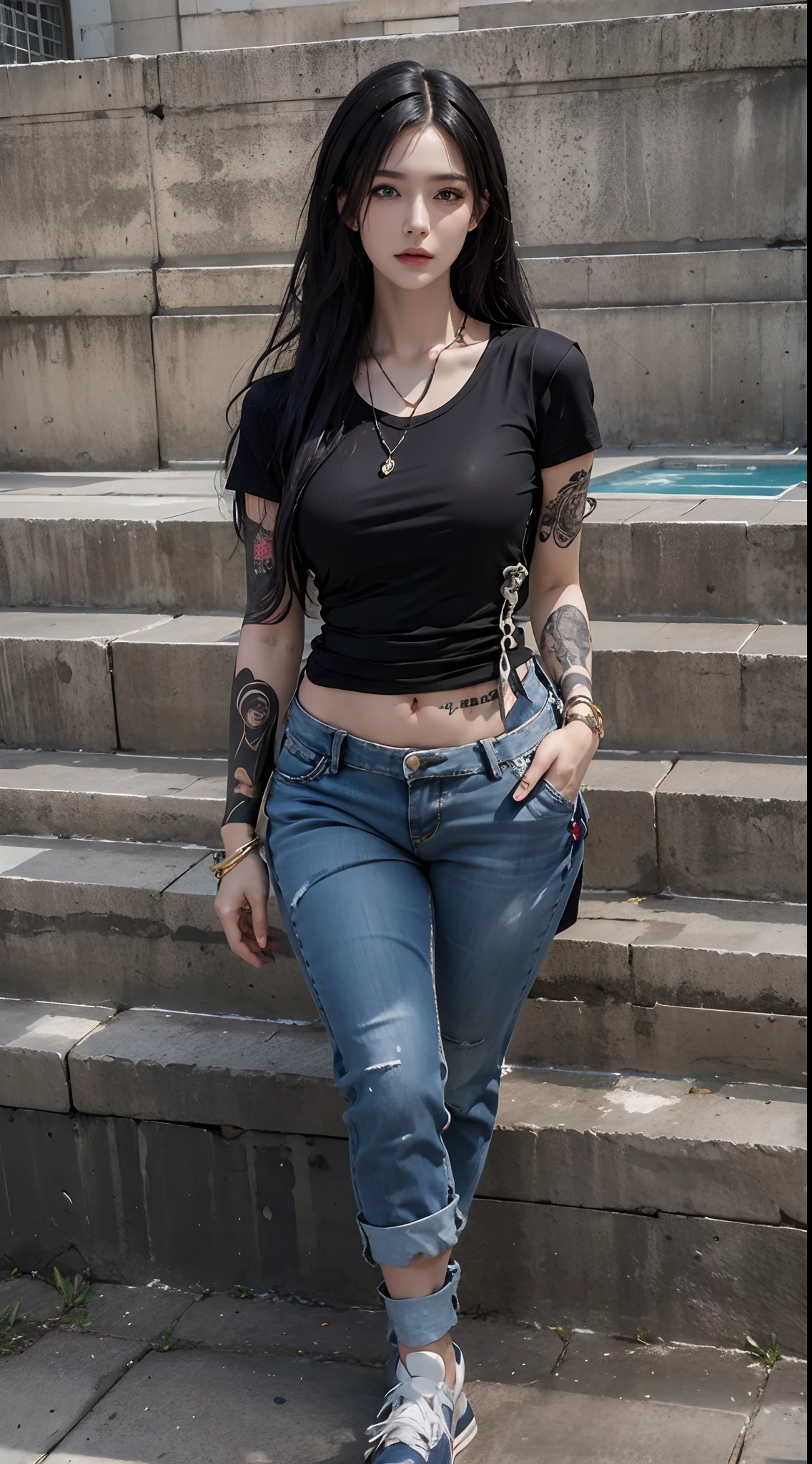 photorealistic, high resolution, soft lights, 1women, 25 years old, solo, hips up, blue eyes, vlack hair, long hair, jewelry, tattoo, street wear