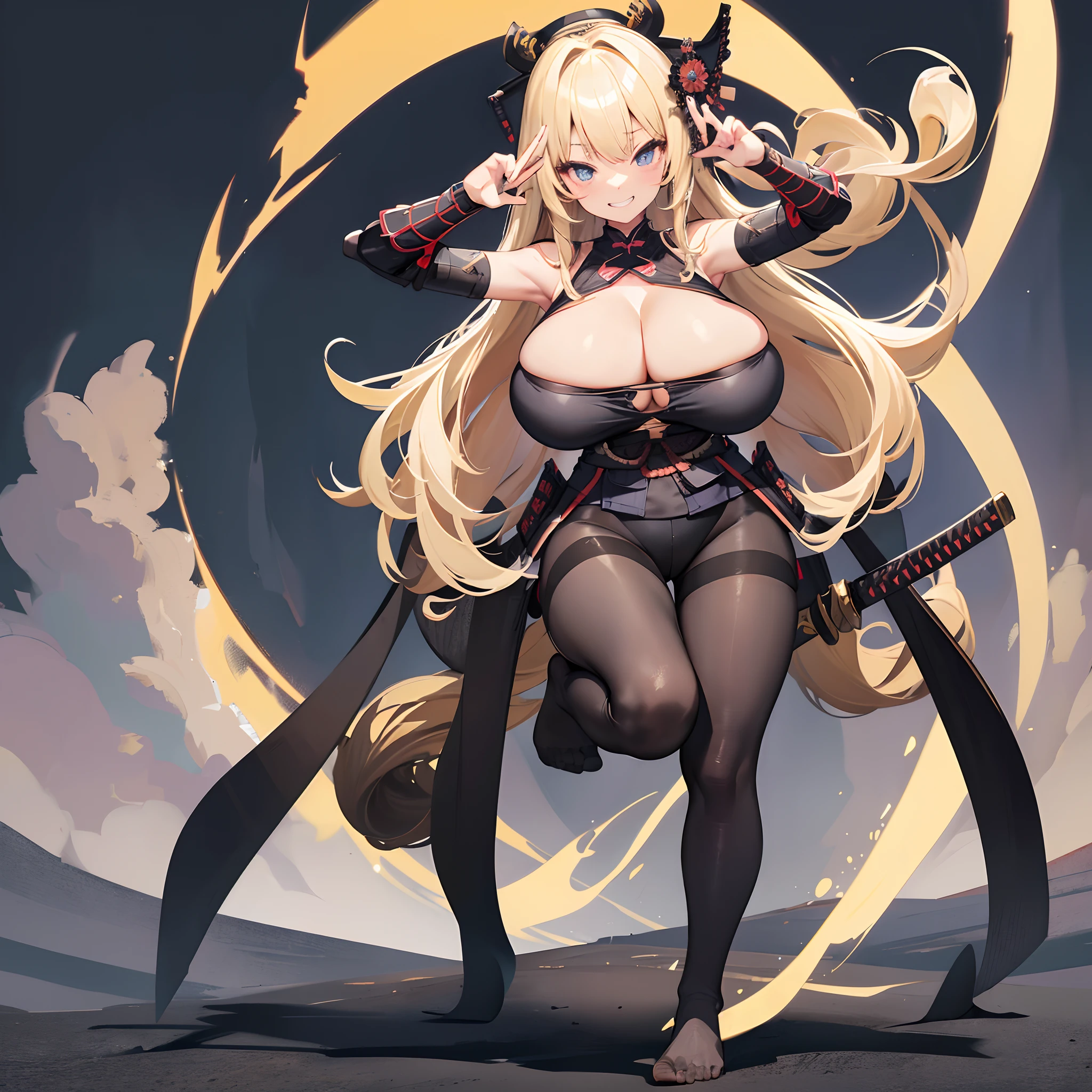 No shoes, solo person, Solo,Black pantyhose,(gigantic cleavage breasts:1.5)，Japanese samurai armor，Blonde curls，Full body like，Raise the katana，grin face