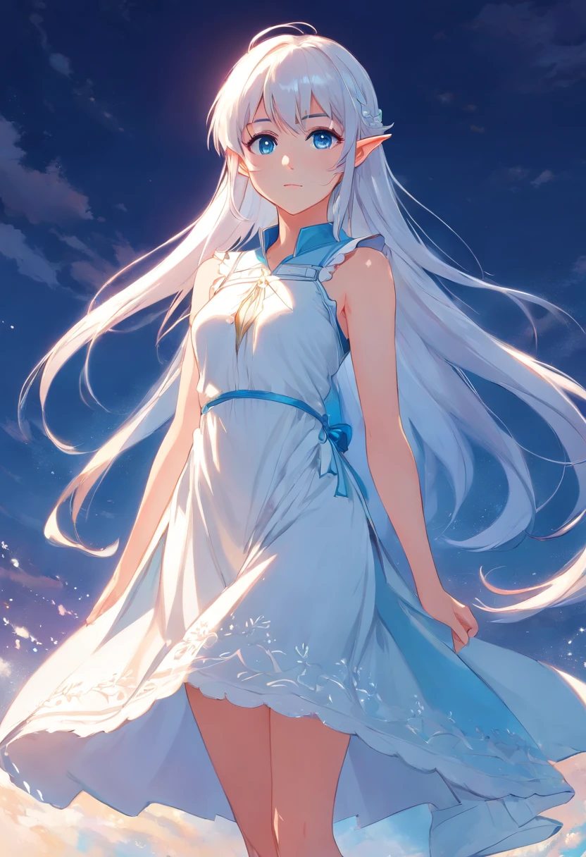 Elf Girl, white hair, long hair, blue eyes, standing, white Greece dress,