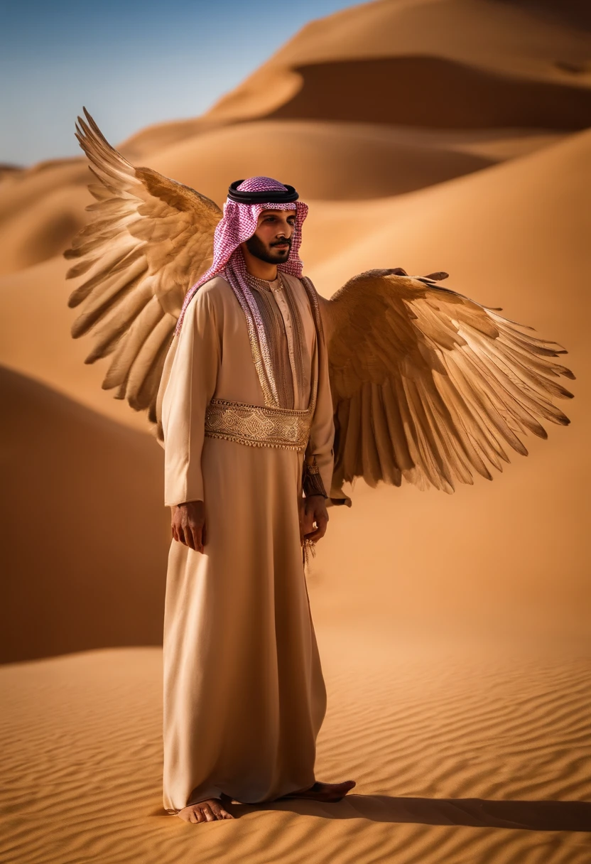 Saudi Arabia: Saudi Angel Wears Traditional Saudi Costume, Stands in the Nabatiyyeh city of AlUla, Carry a piece of frankincense, With wings in the shape of desert sand dunes.
