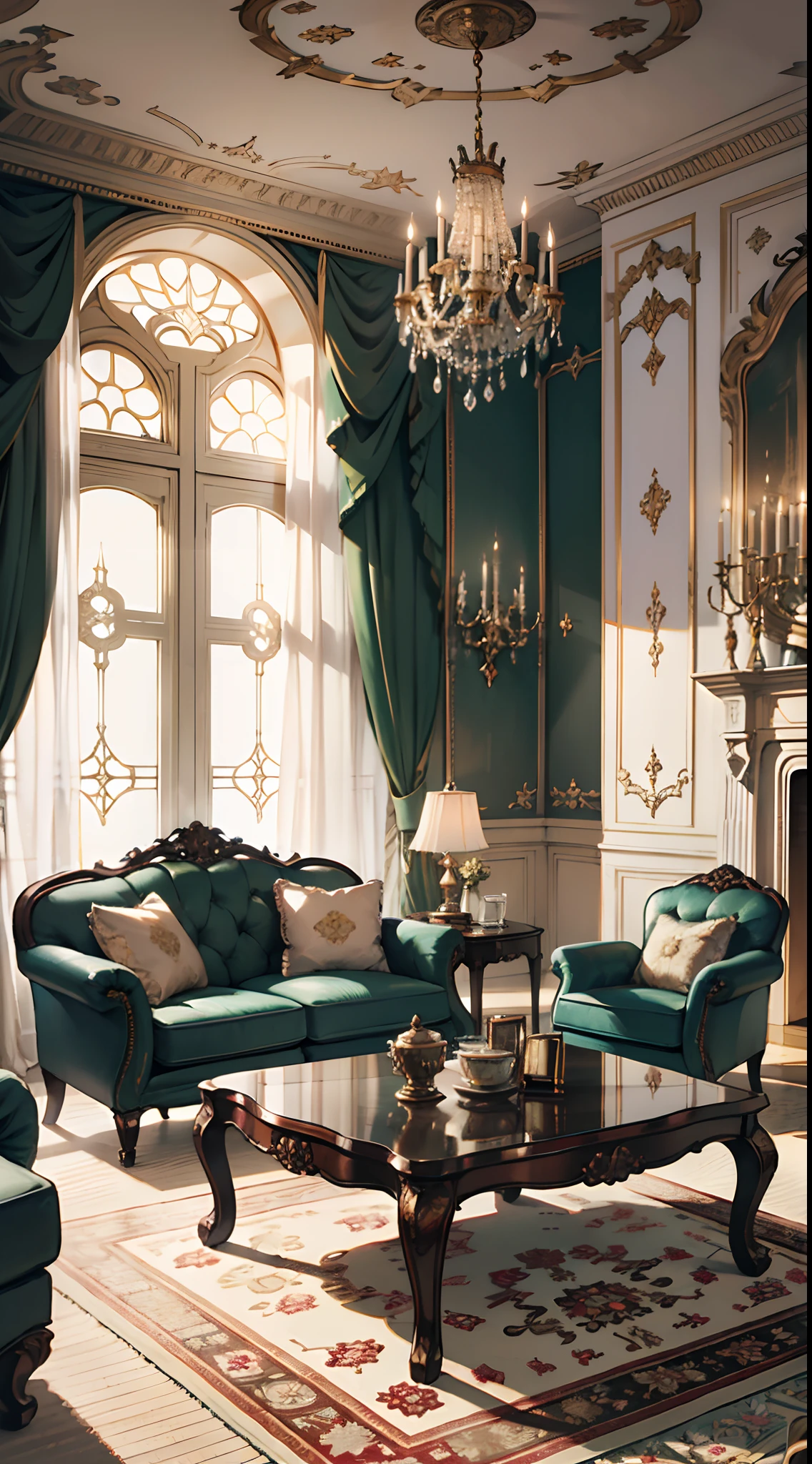 Photography, sofe, Tea table, ( Living room), Curtains, hanging lamp, decorations, carpets, fireplace,white,Versailles